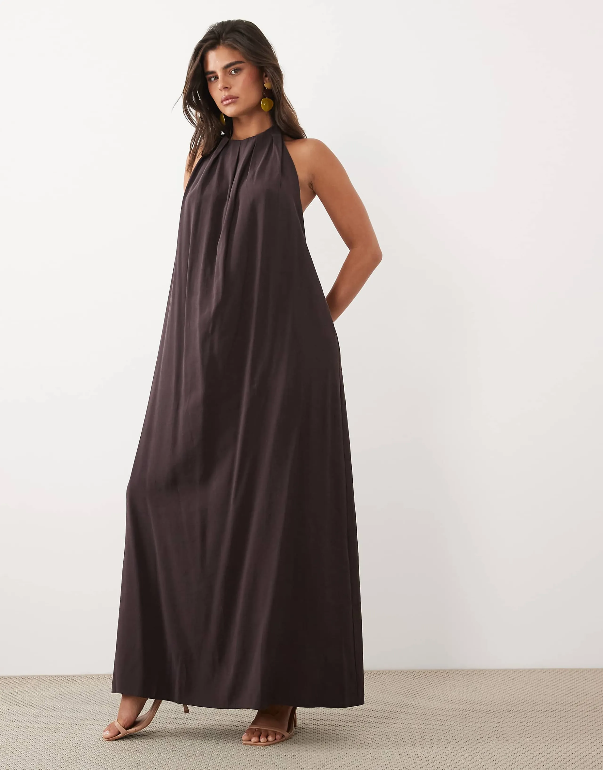 ASOS DESIGN high gathered neck maxi dress with open back in chocolate