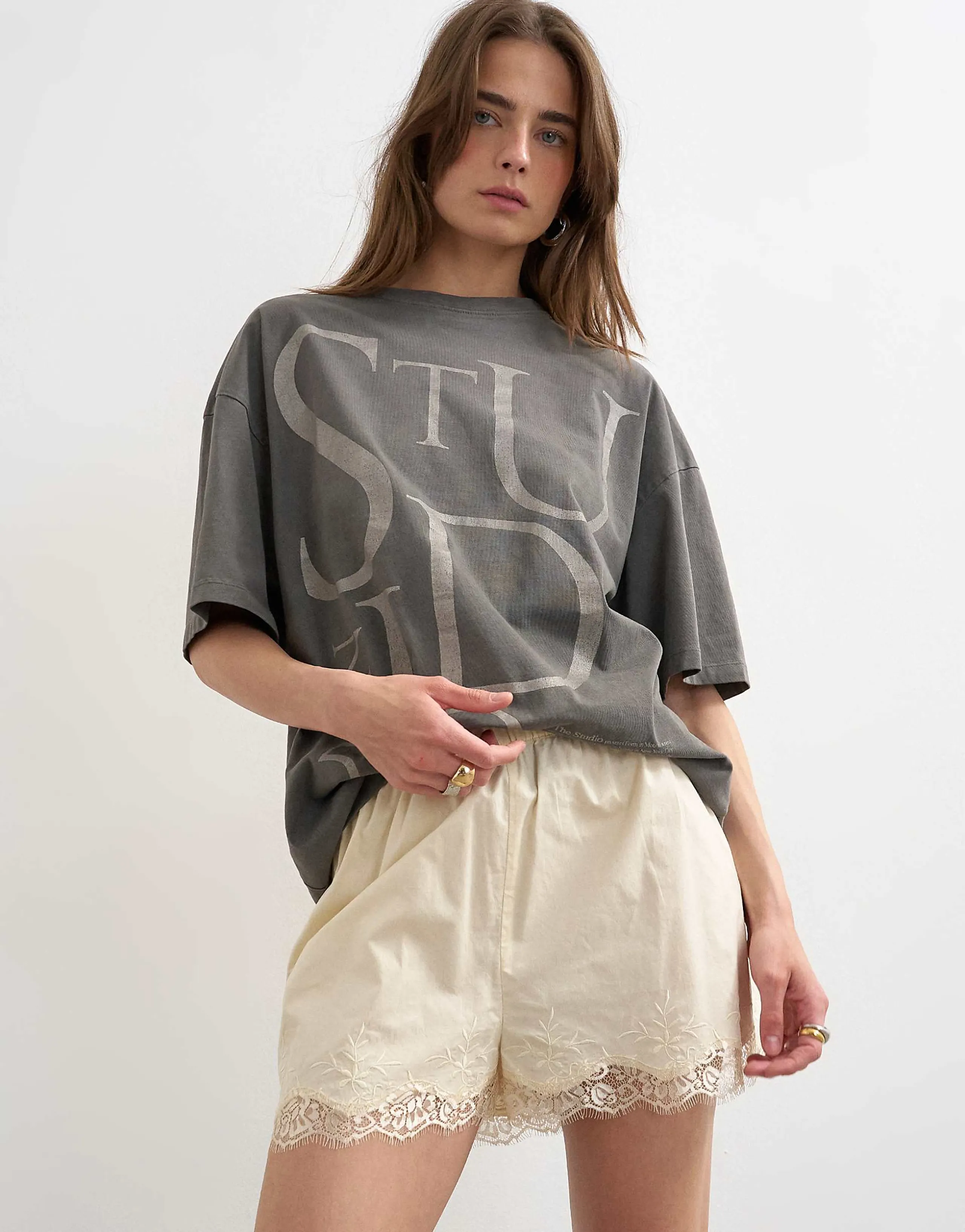 Topshop crinkle lace trim shorts in ecru