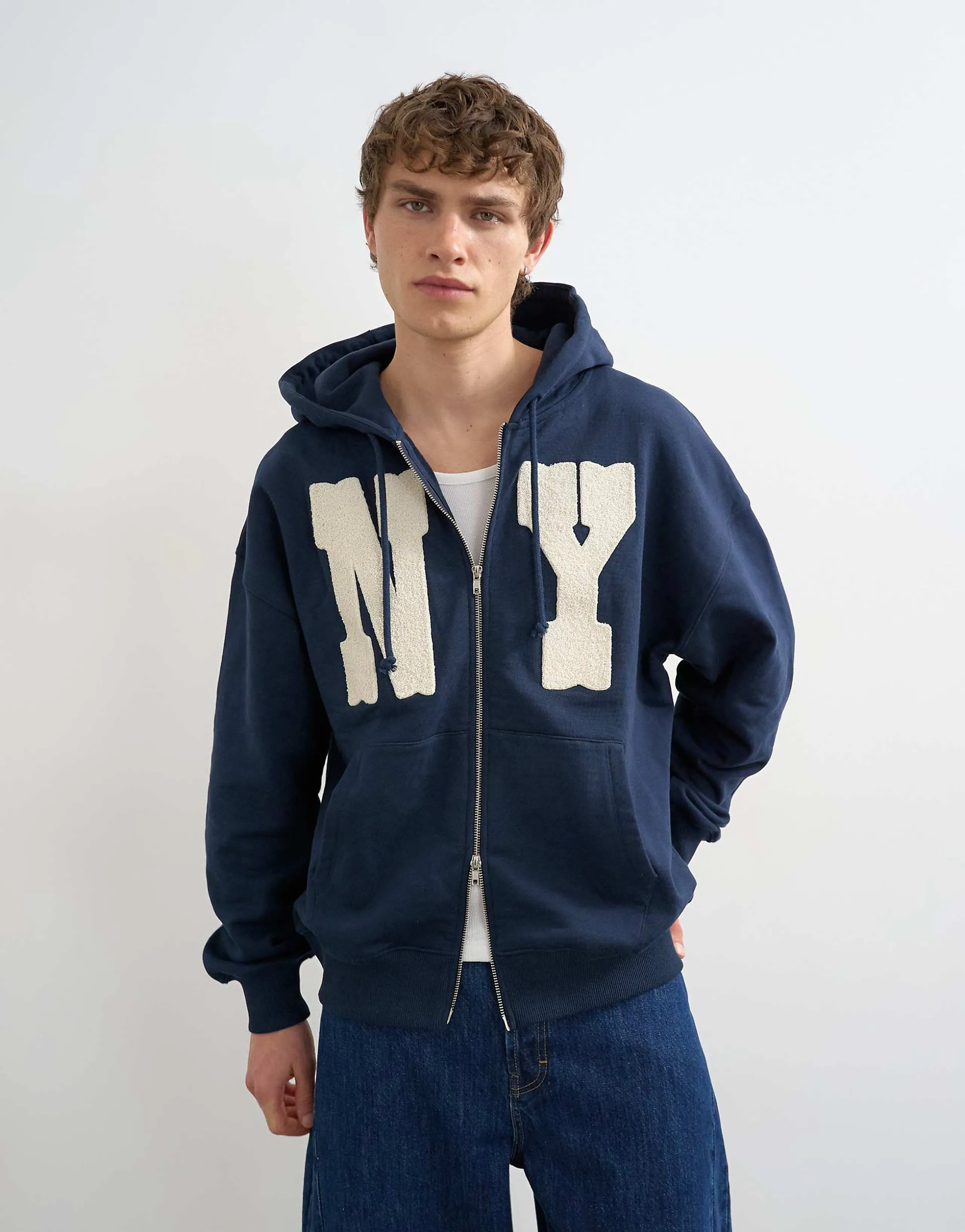 Topman boxy fit hoodie with front NY chenille patch in navy