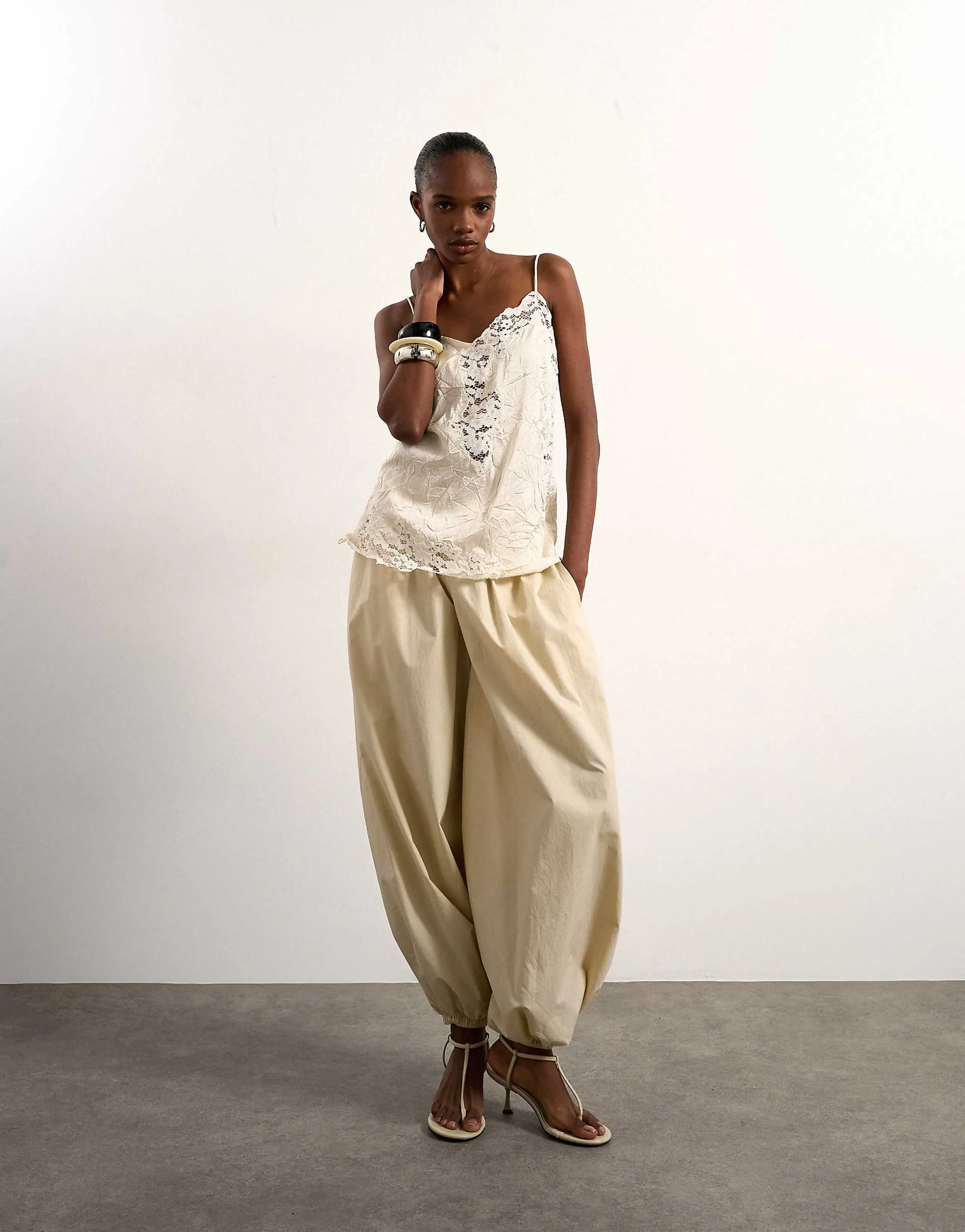 Topshop crinkle satin top with lace inserts in ivory