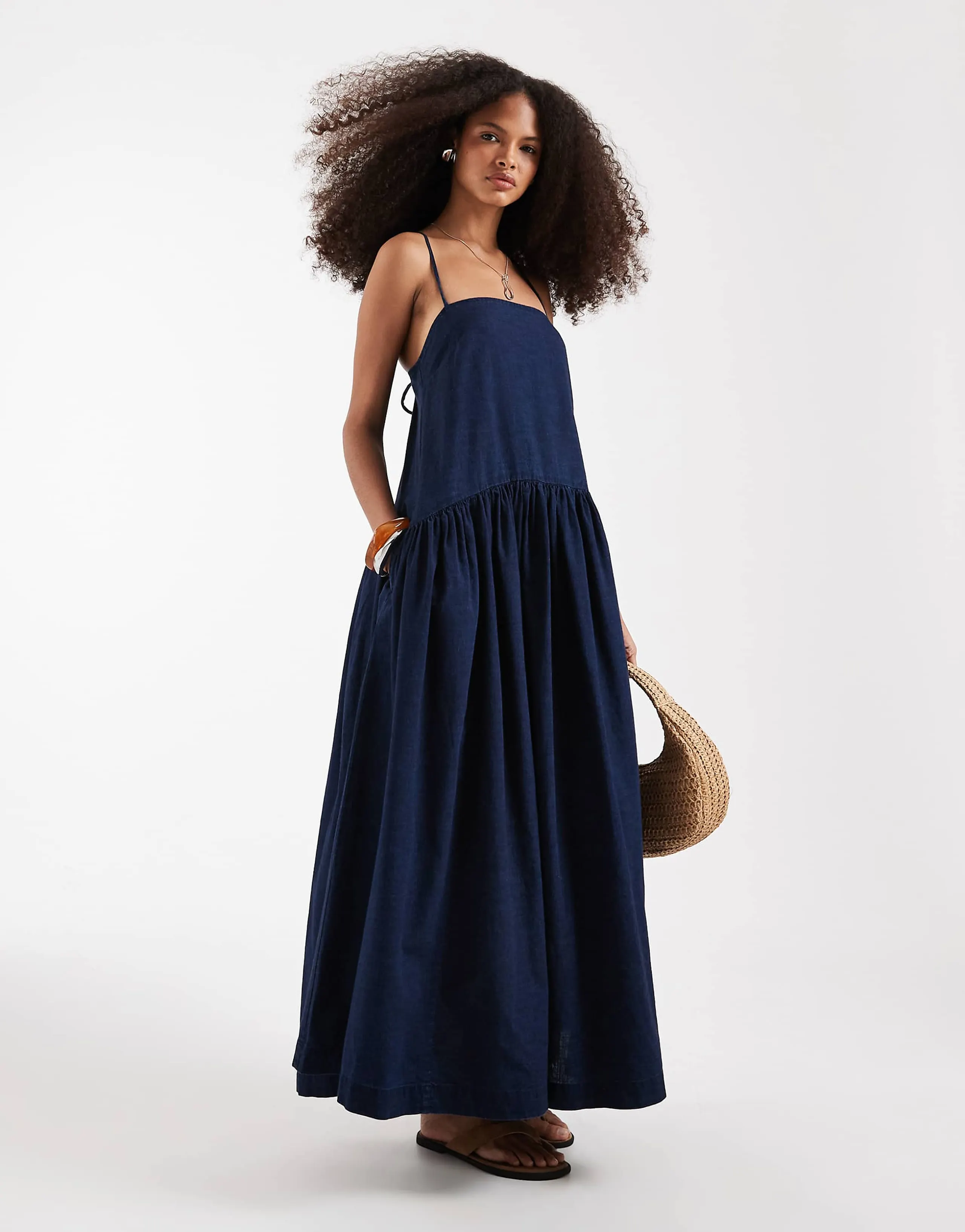 ASOS DESIGN denim smock midaxi dress with side pockets in inky wash