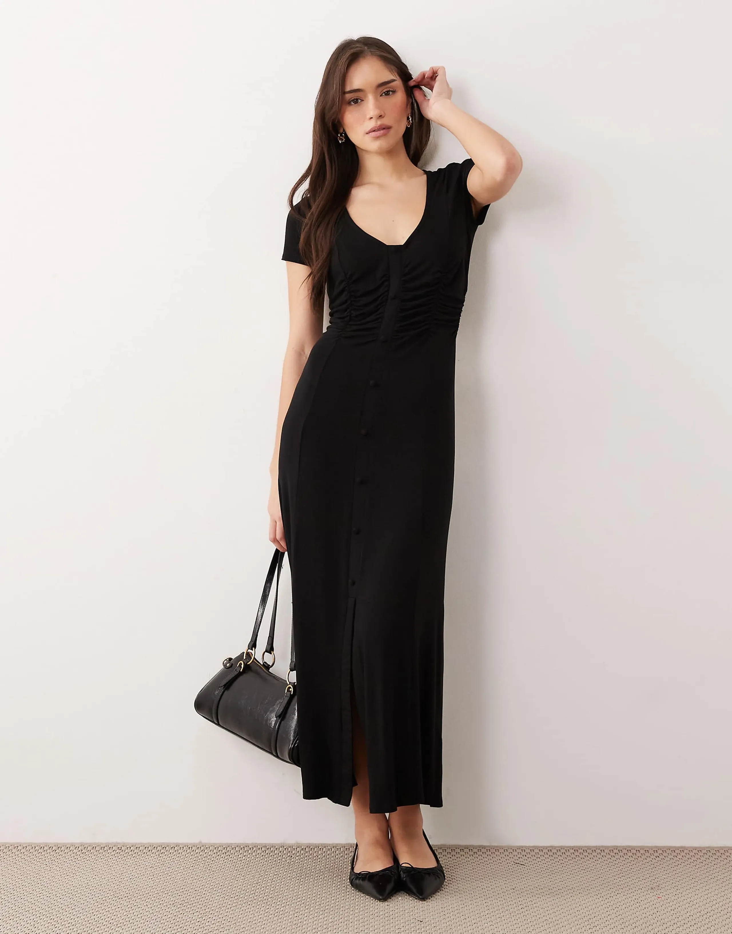 ASOS DESIGN button front ruched waist day dress in black