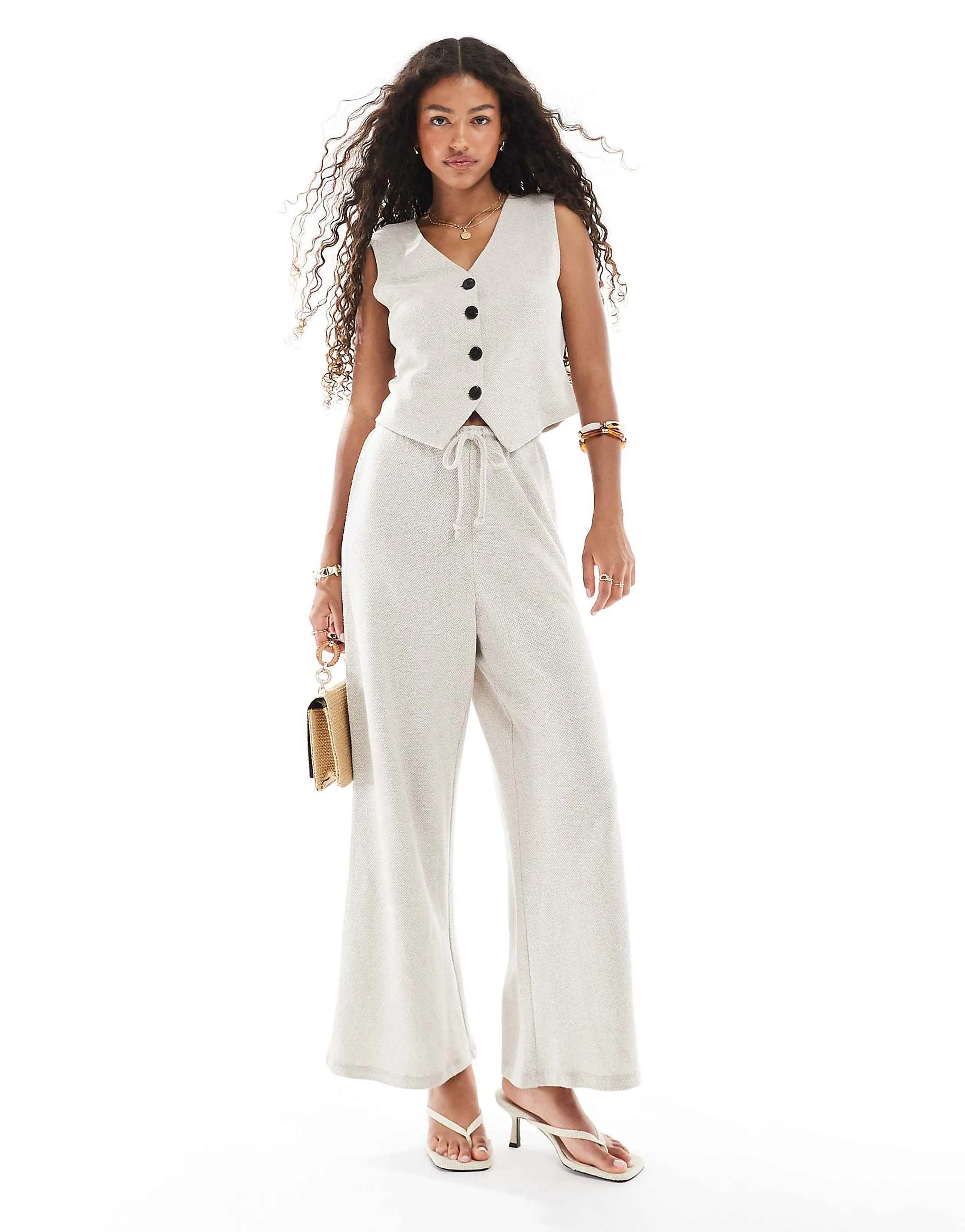 ONLY textured wide leg tailored pants in stone - part of a set