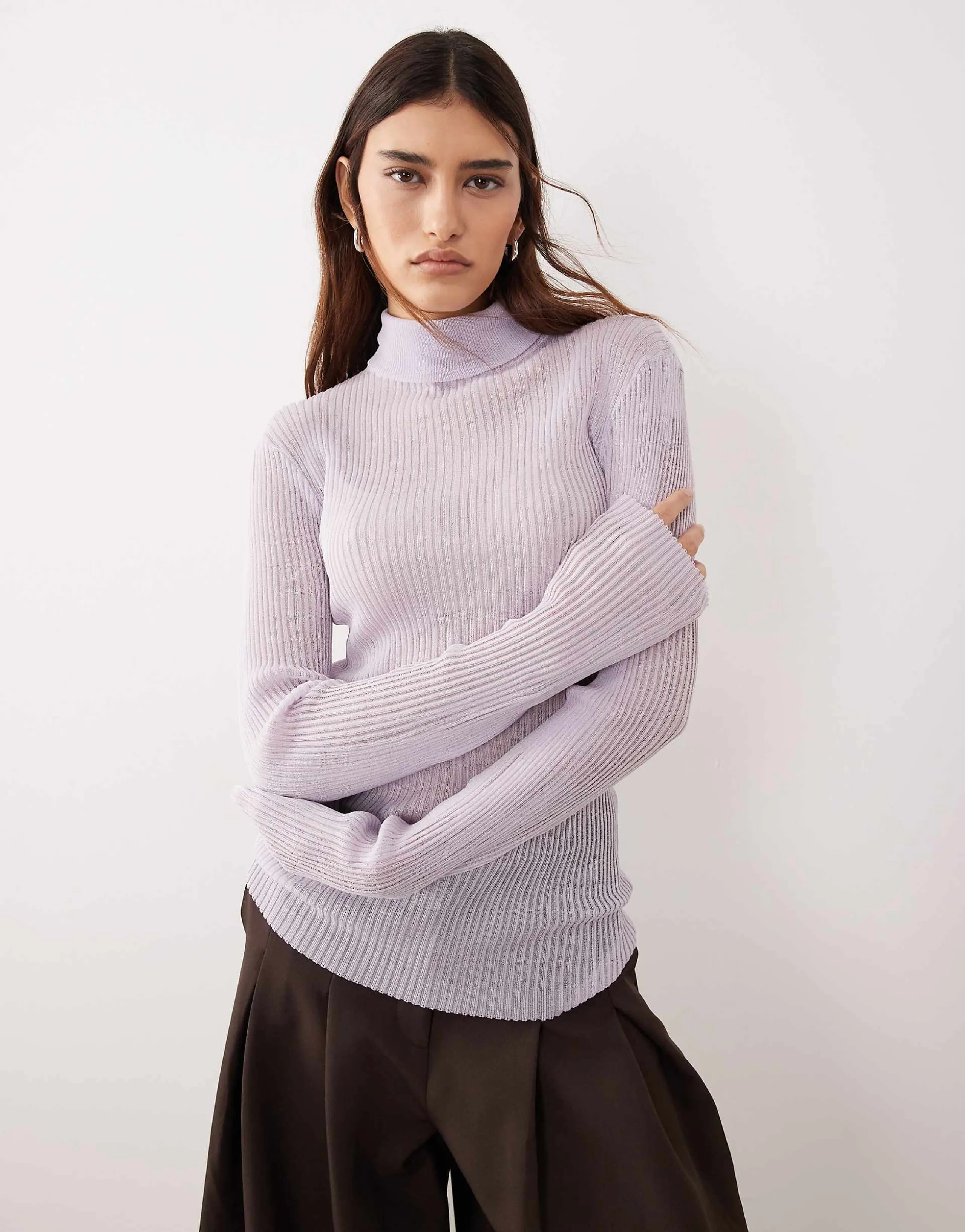 ARRANGE sheer knit long sleeve high neck top in soft lilac