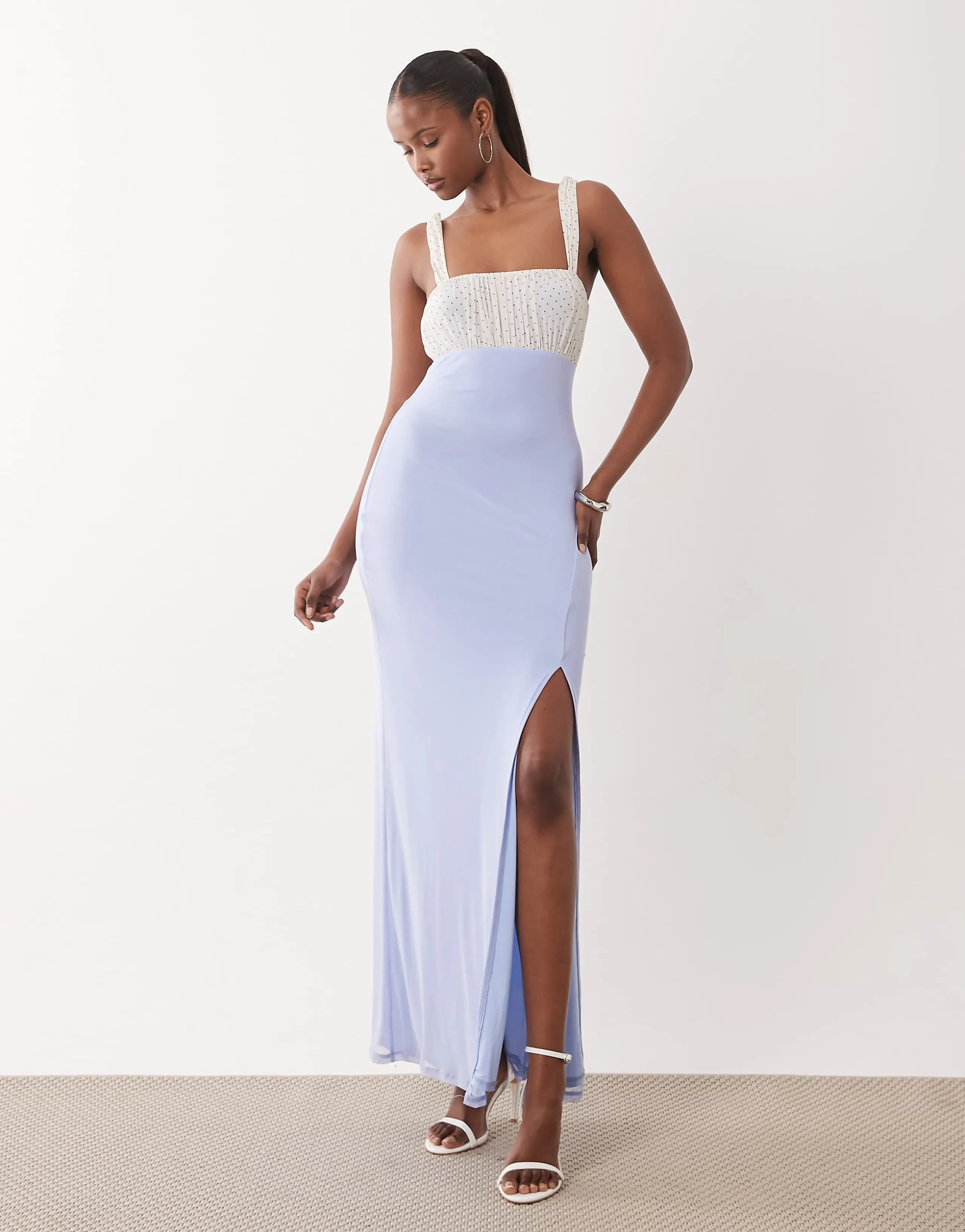 ASOS DESIGN mesh spot dress micro ruched bust maxi with thigh high slit in pale blue