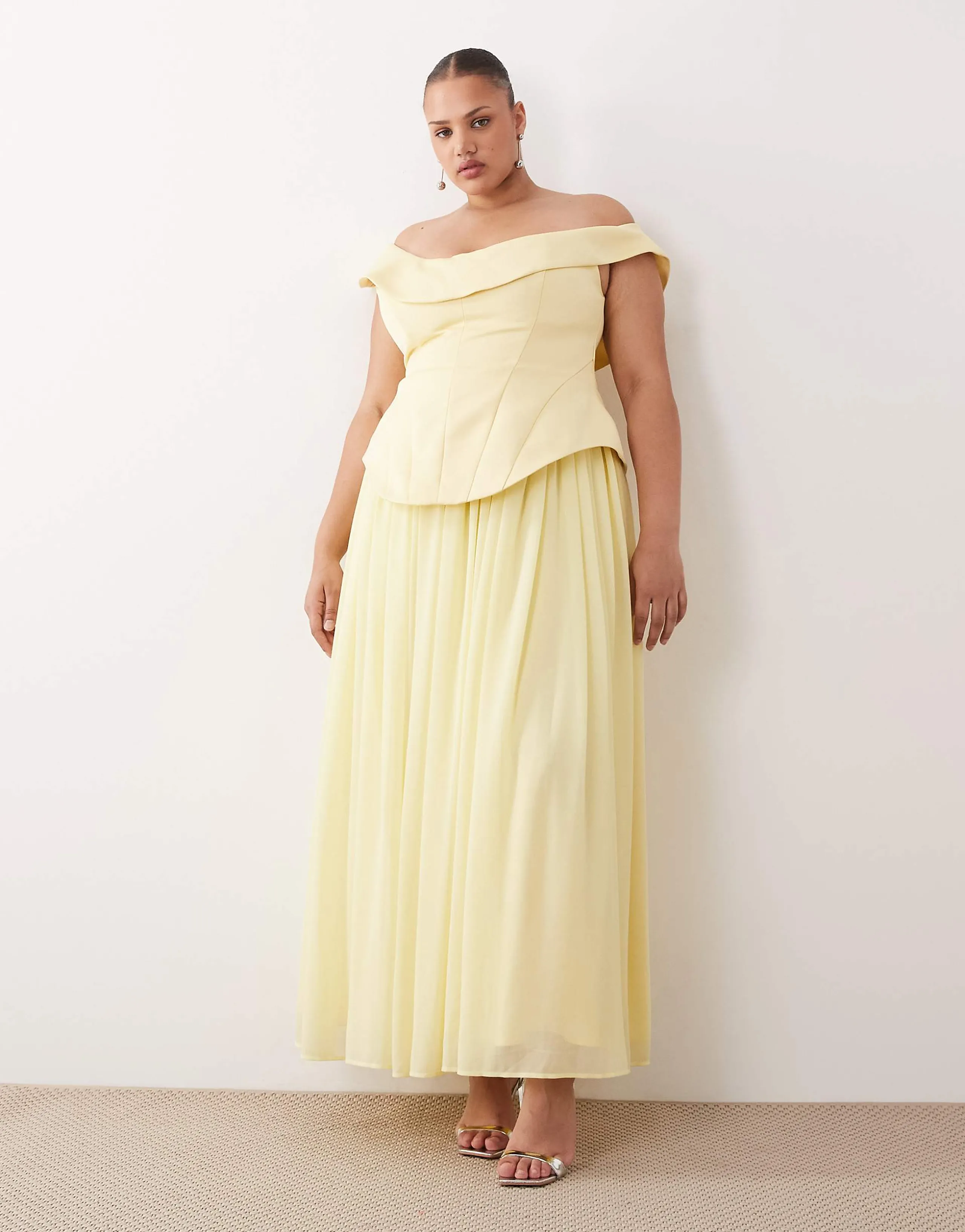 ARRANGE Curve fallen shoulder structured maxi dress with full skirt in lemon yellow