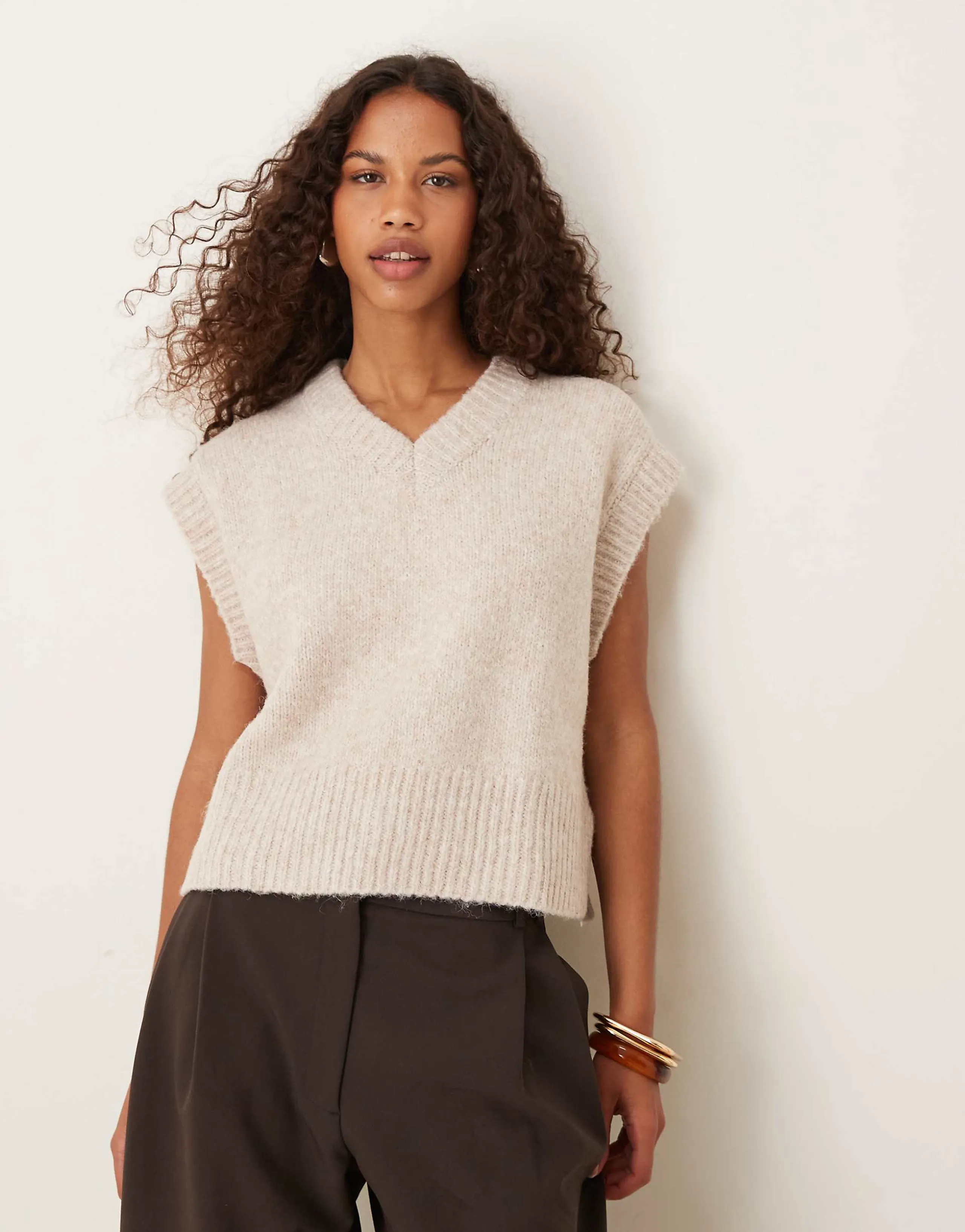 ASOS DESIGN boxy fluffy v neck tank top in oatmeal