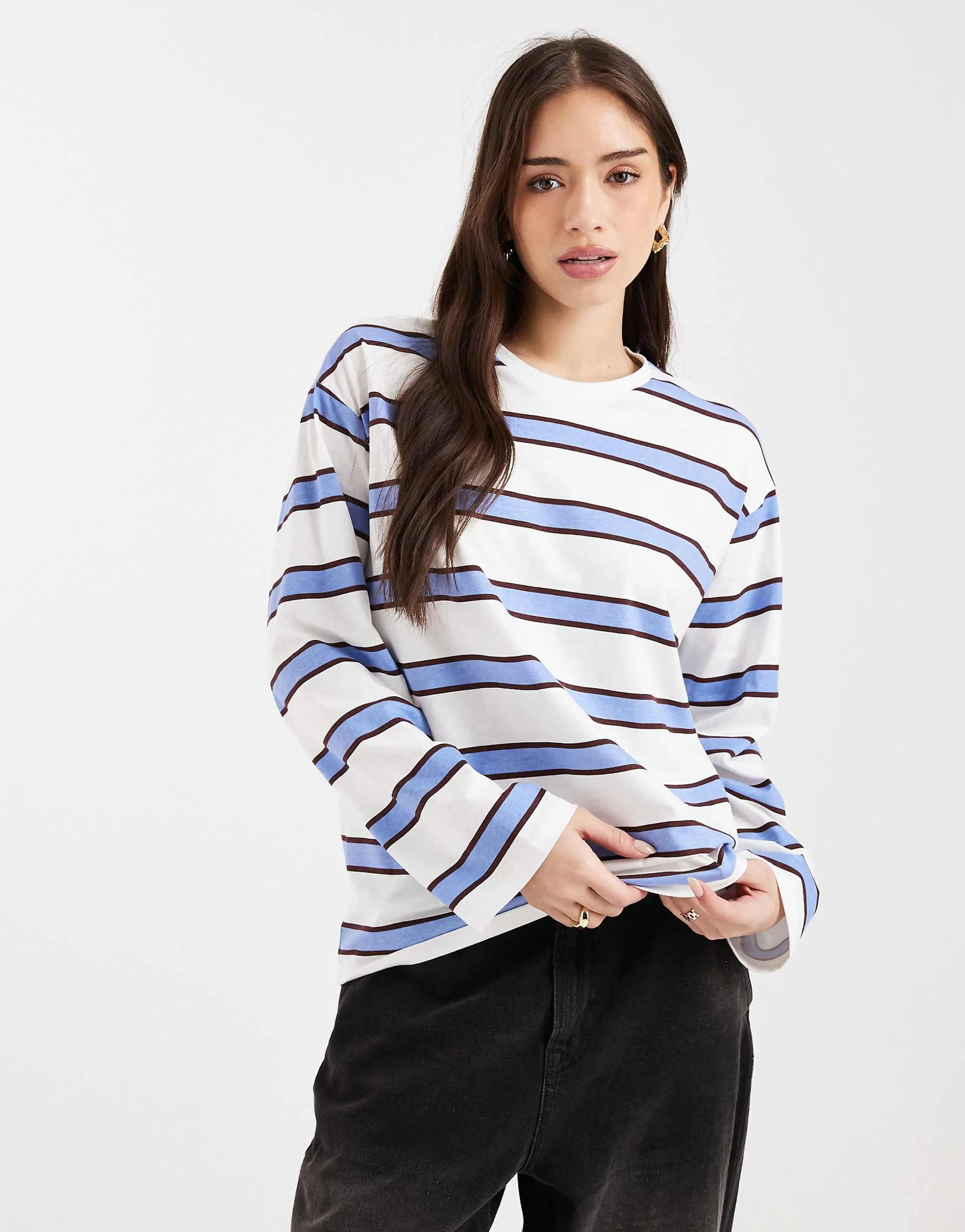 Pieces oversized rugby stripe long sleeve T-shirt in blue multi stripe