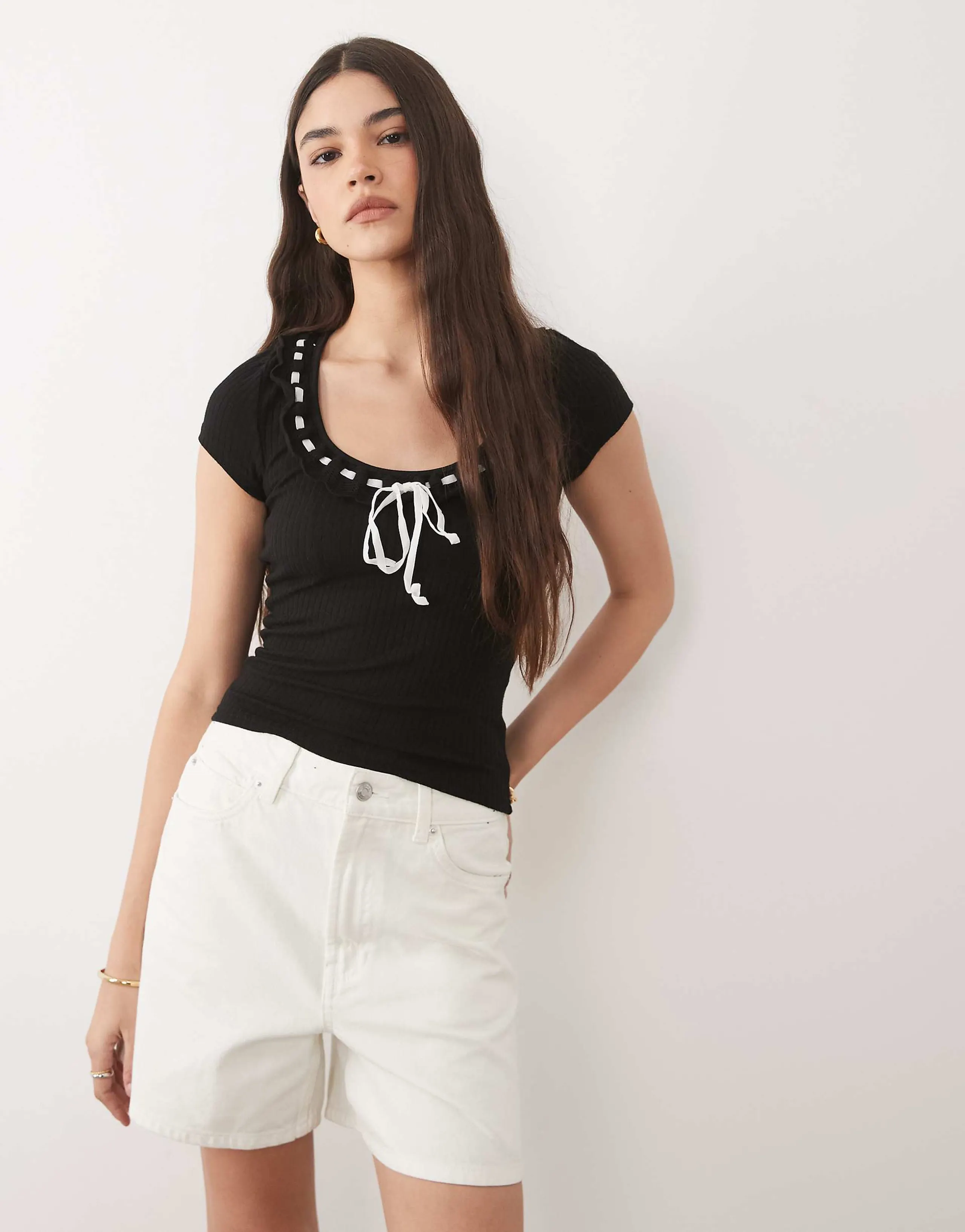 Brave Soul scoop neck ribbed jersey t-shirt with bow detail in black