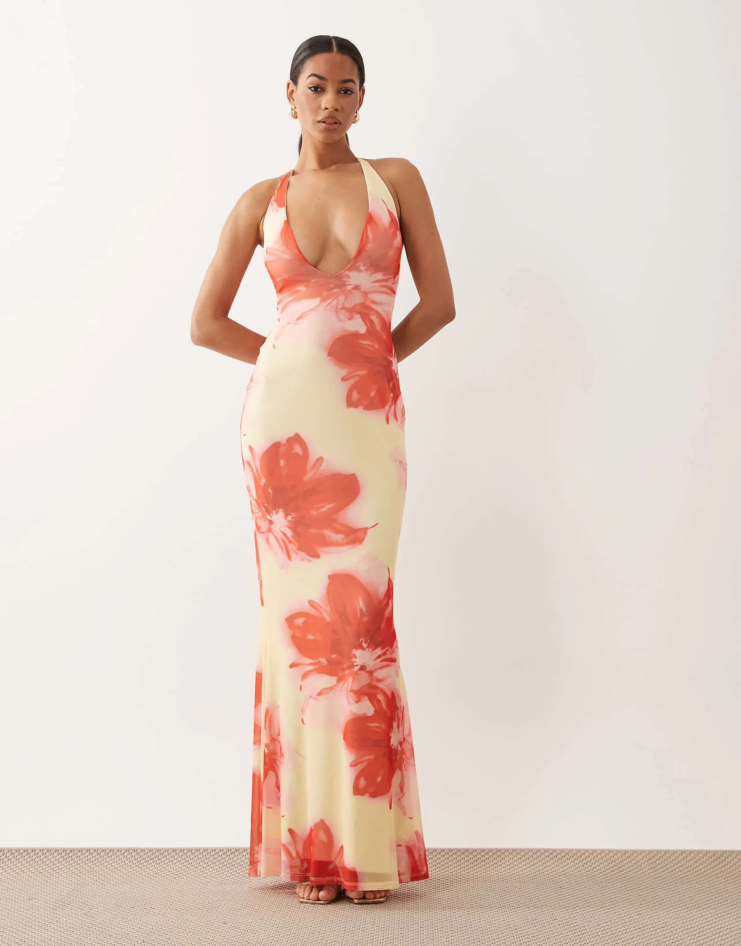 ASOS DESIGN deep V plunge mesh maxi dress in pink floral