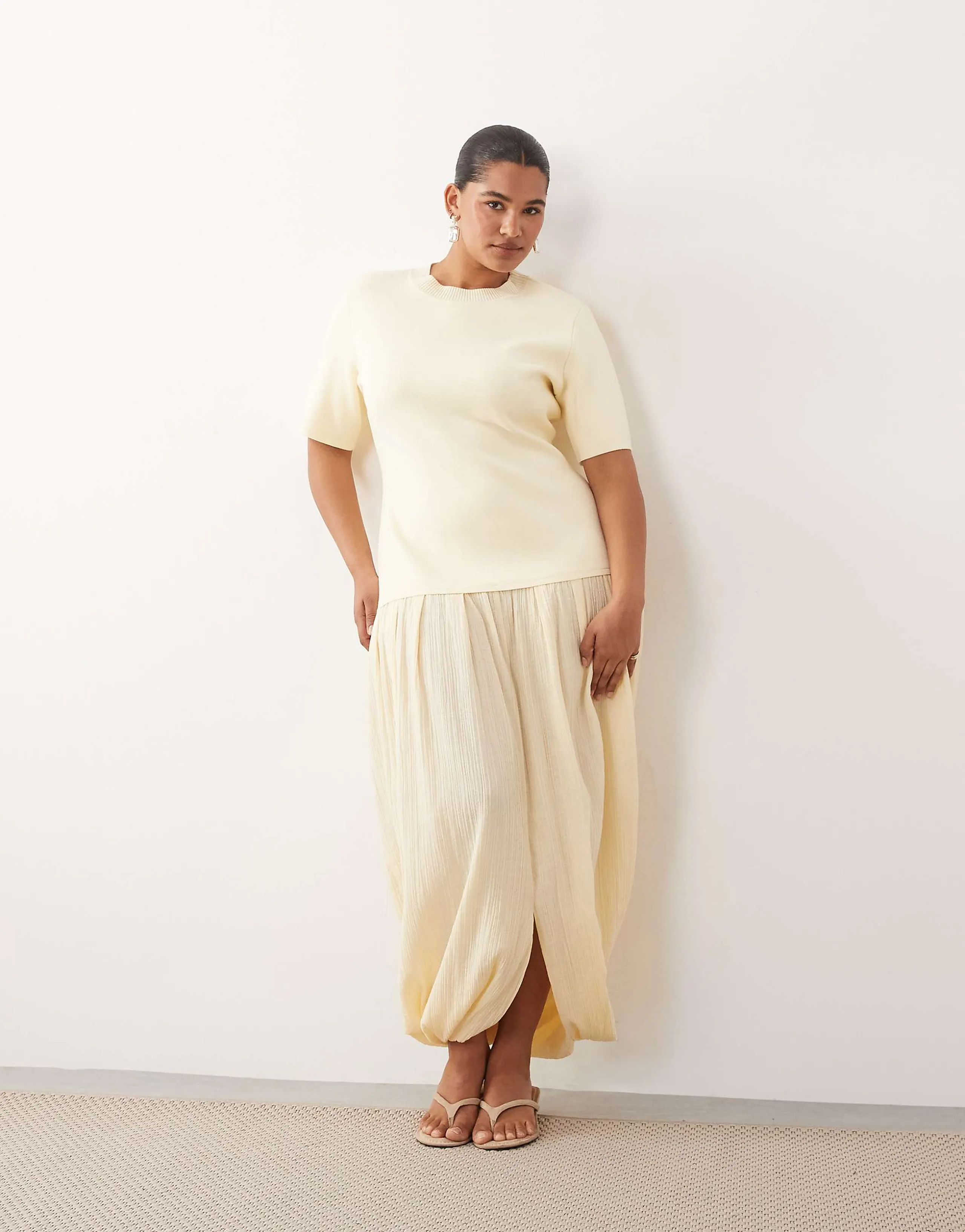 ARRANGE Curve knit short sleeve hybrid midi dress in buttermilk