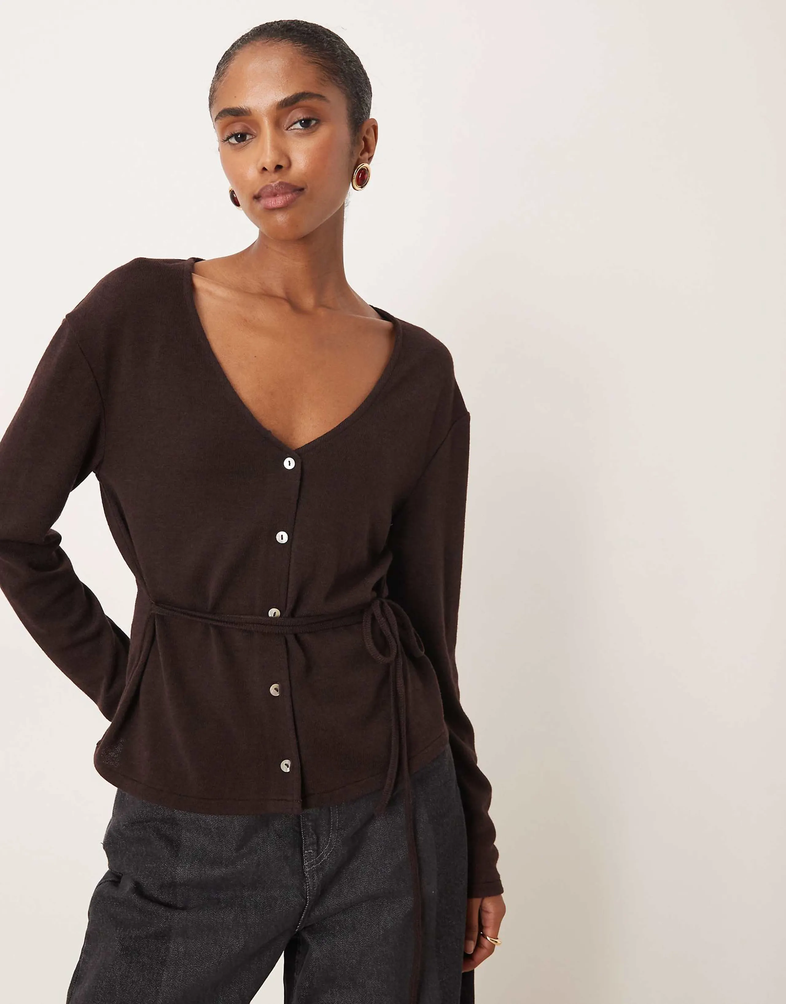 Mango belted fine cardigan in chocolate brown