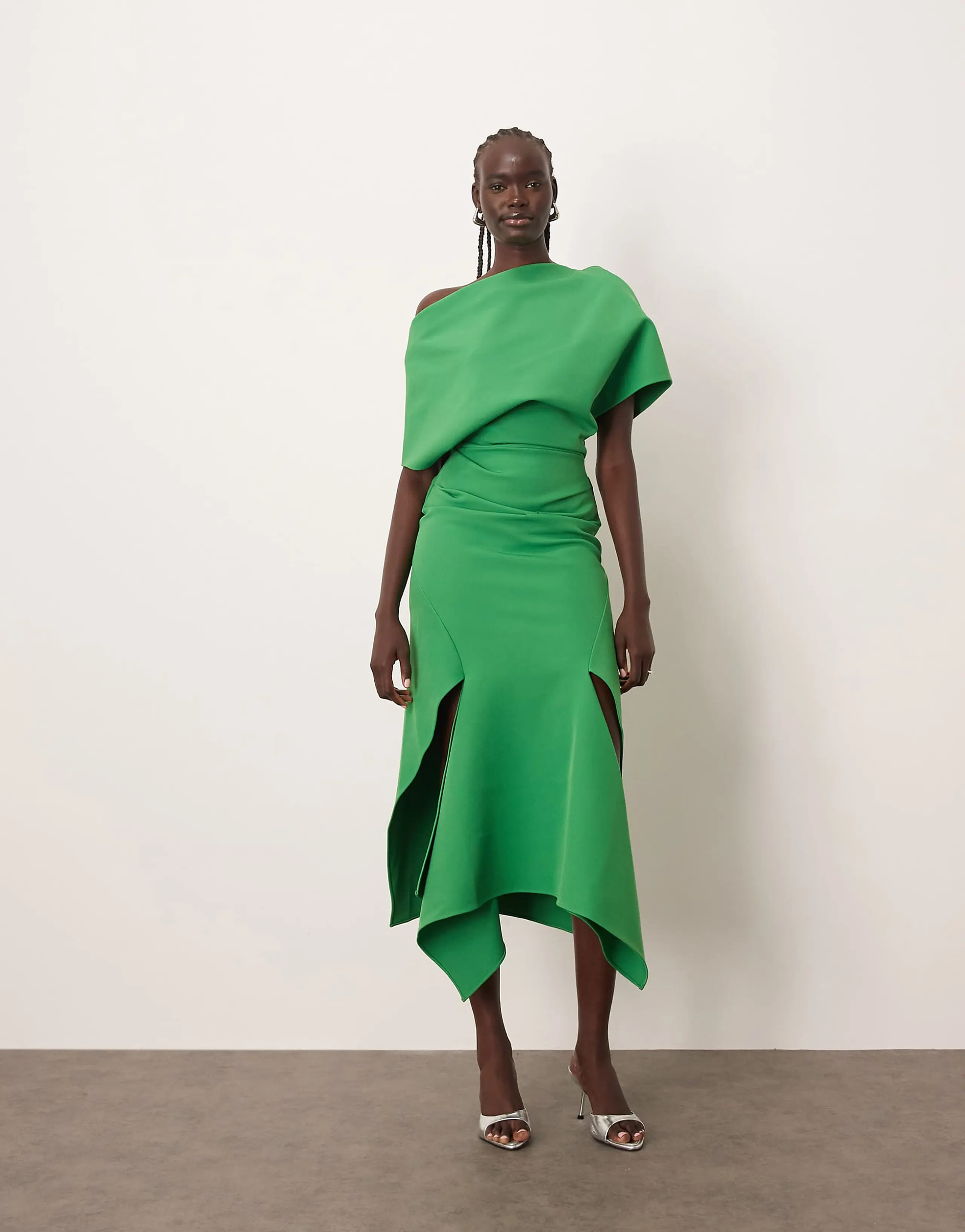 ARRANGE draped bodice square cut hem midi dress in green