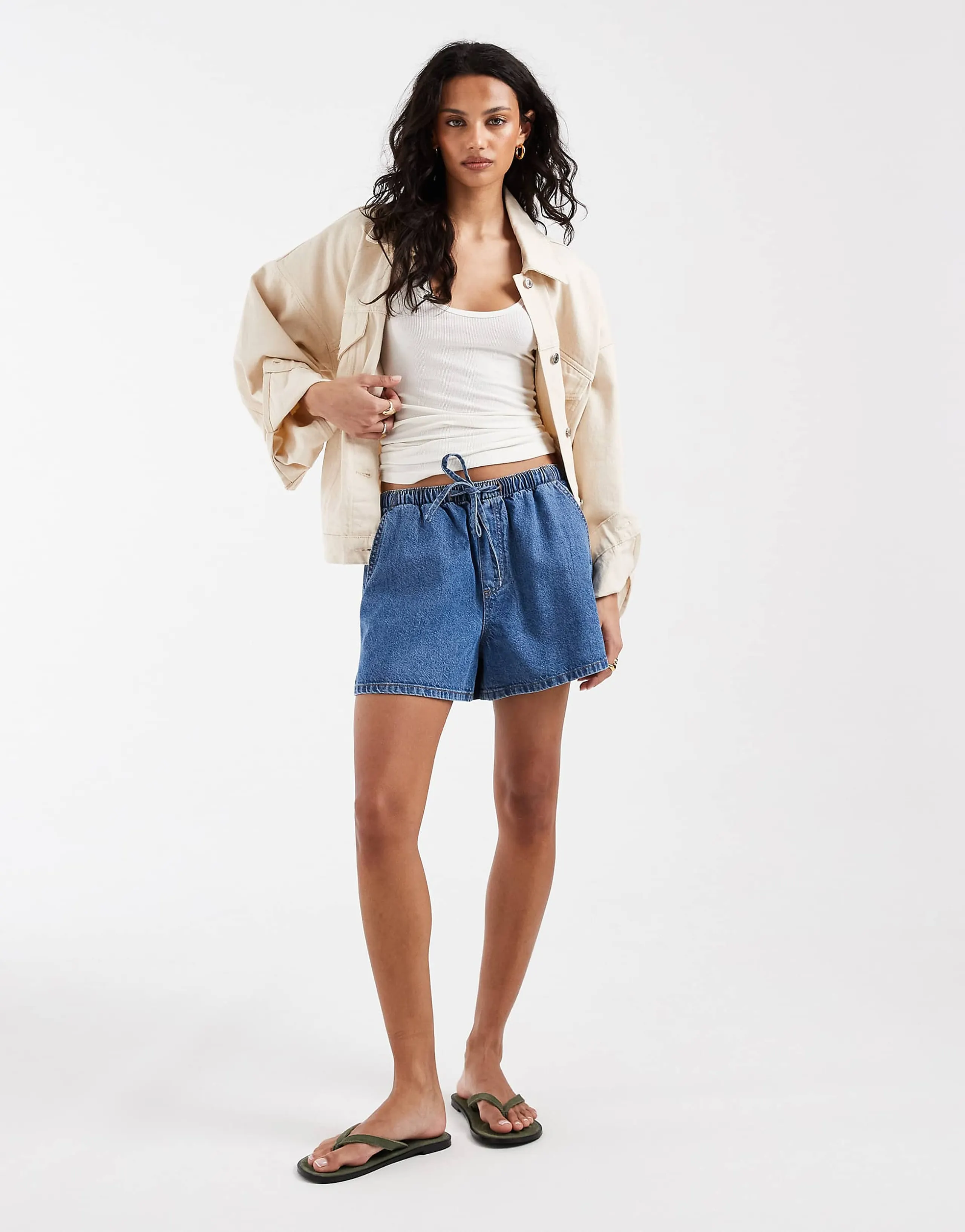 ASOS DESIGN denim pull on shorts in mid blue