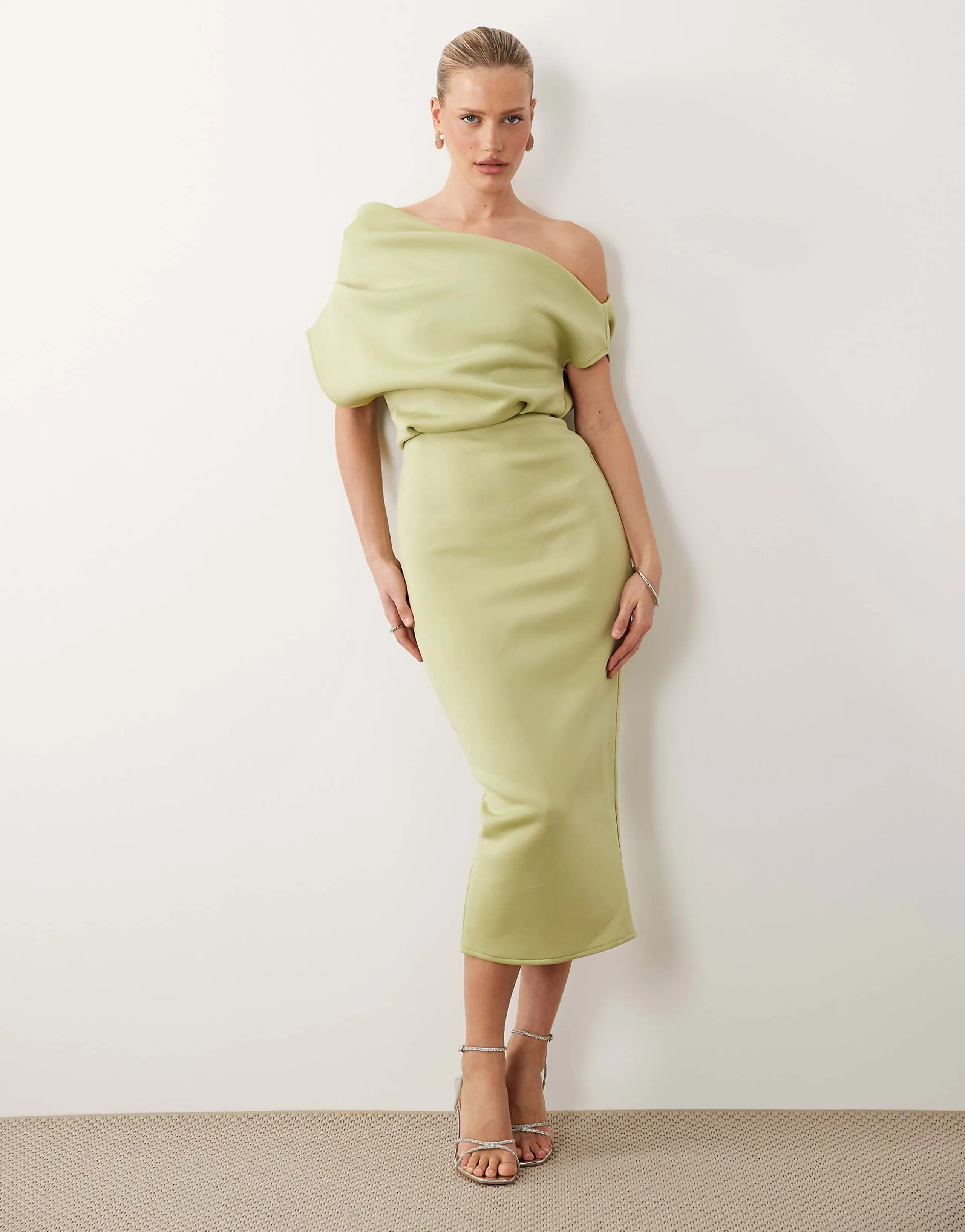 ASOS DESIGN dramatic neckline midi dress in sage scuba-style fabric