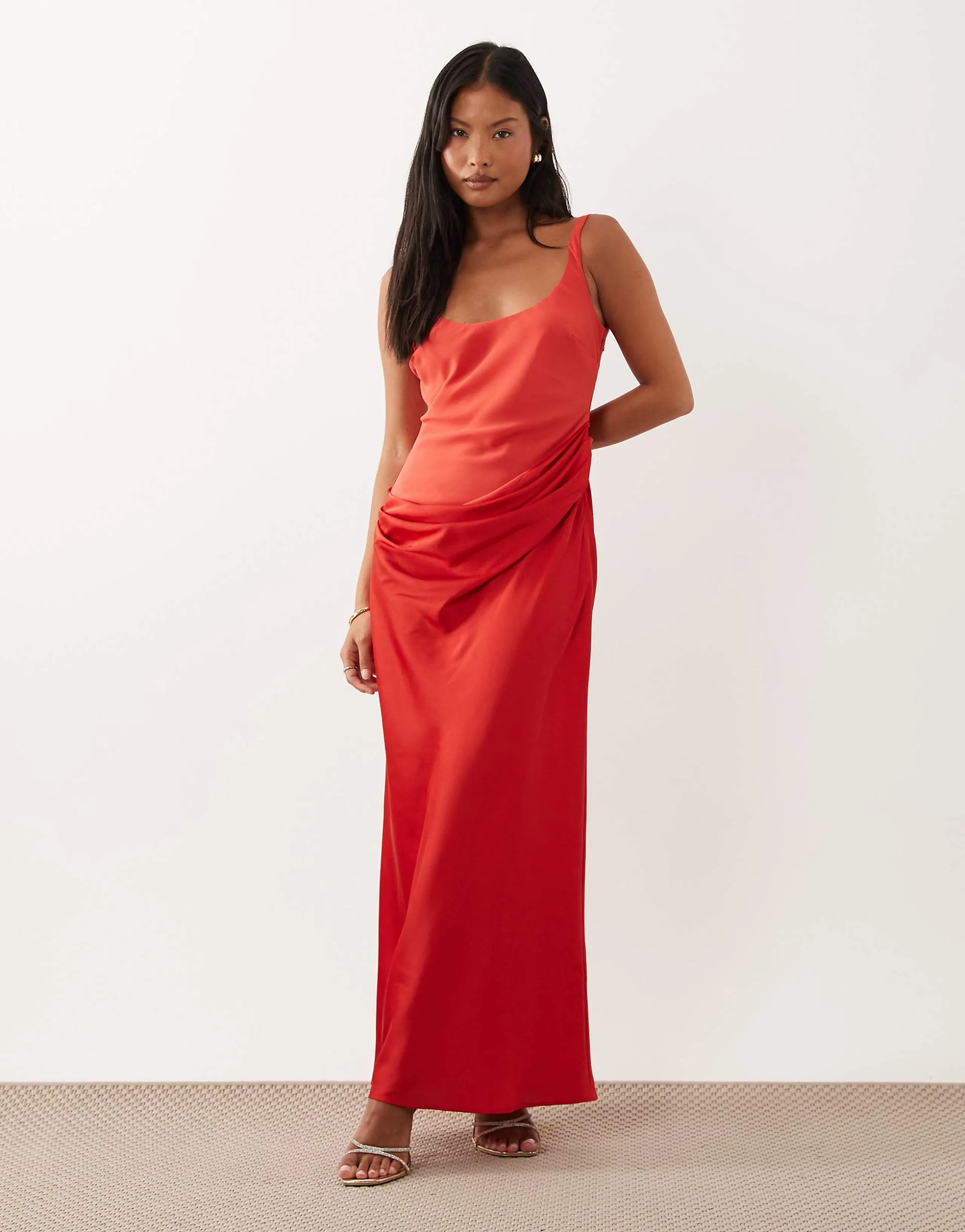 ASOS DESIGN Petite deep scoop neck maxi dress with asymmetric draped skirt overlay in red