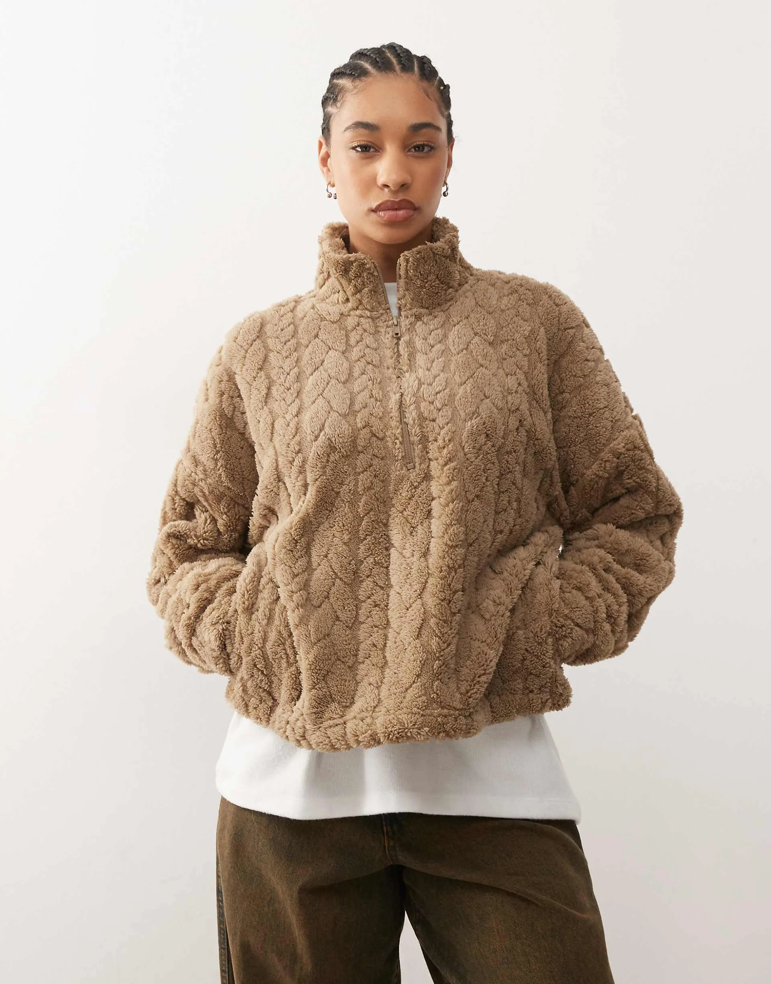 Noisy May half zip fluffy fleece in beige
