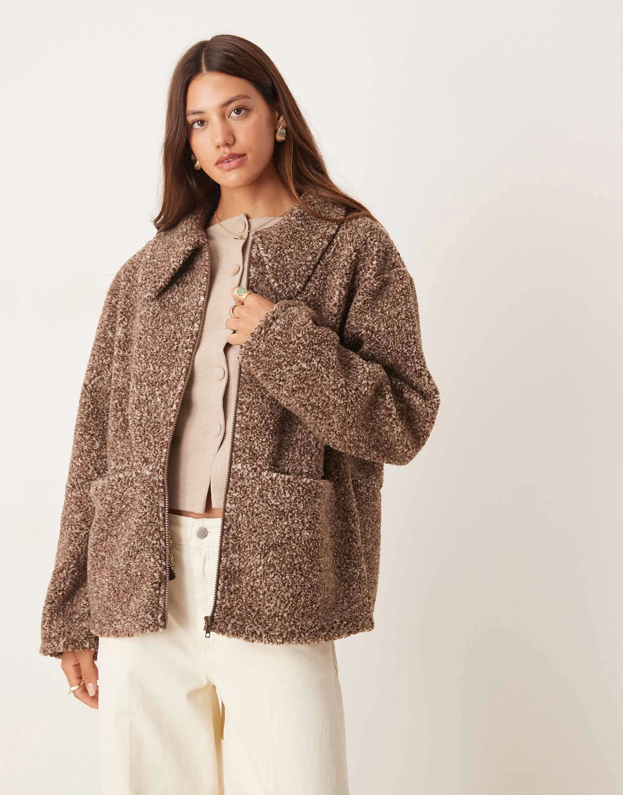 ASOS DESIGN collared borg fleece zip up in two tone neutral