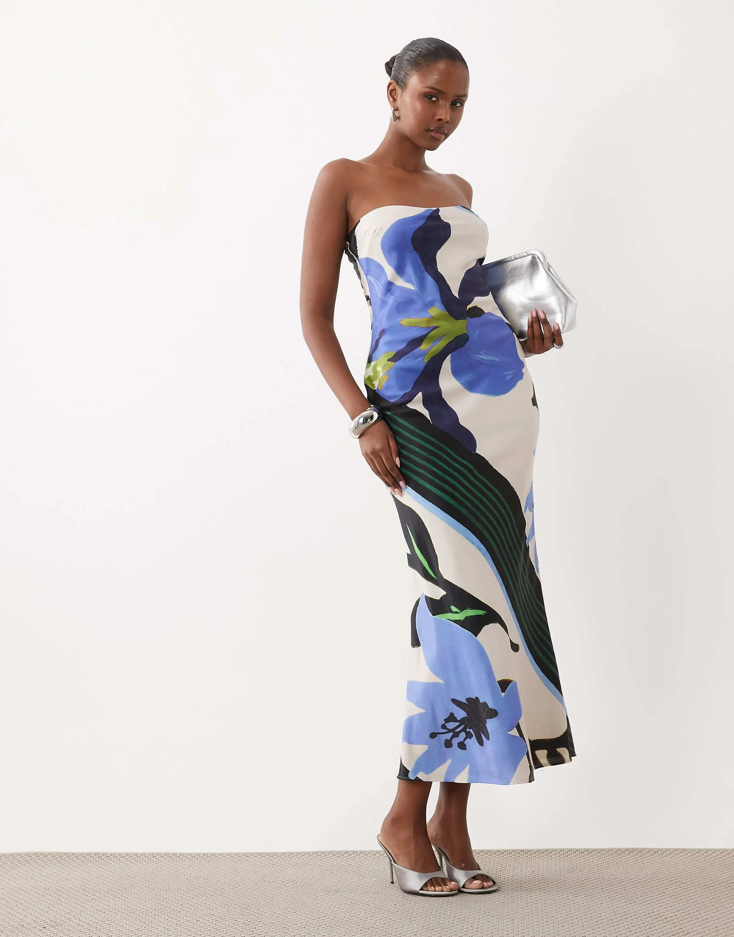 ASOS DESIGN satin bandeau maxi dress in abstract art print and contrast lining