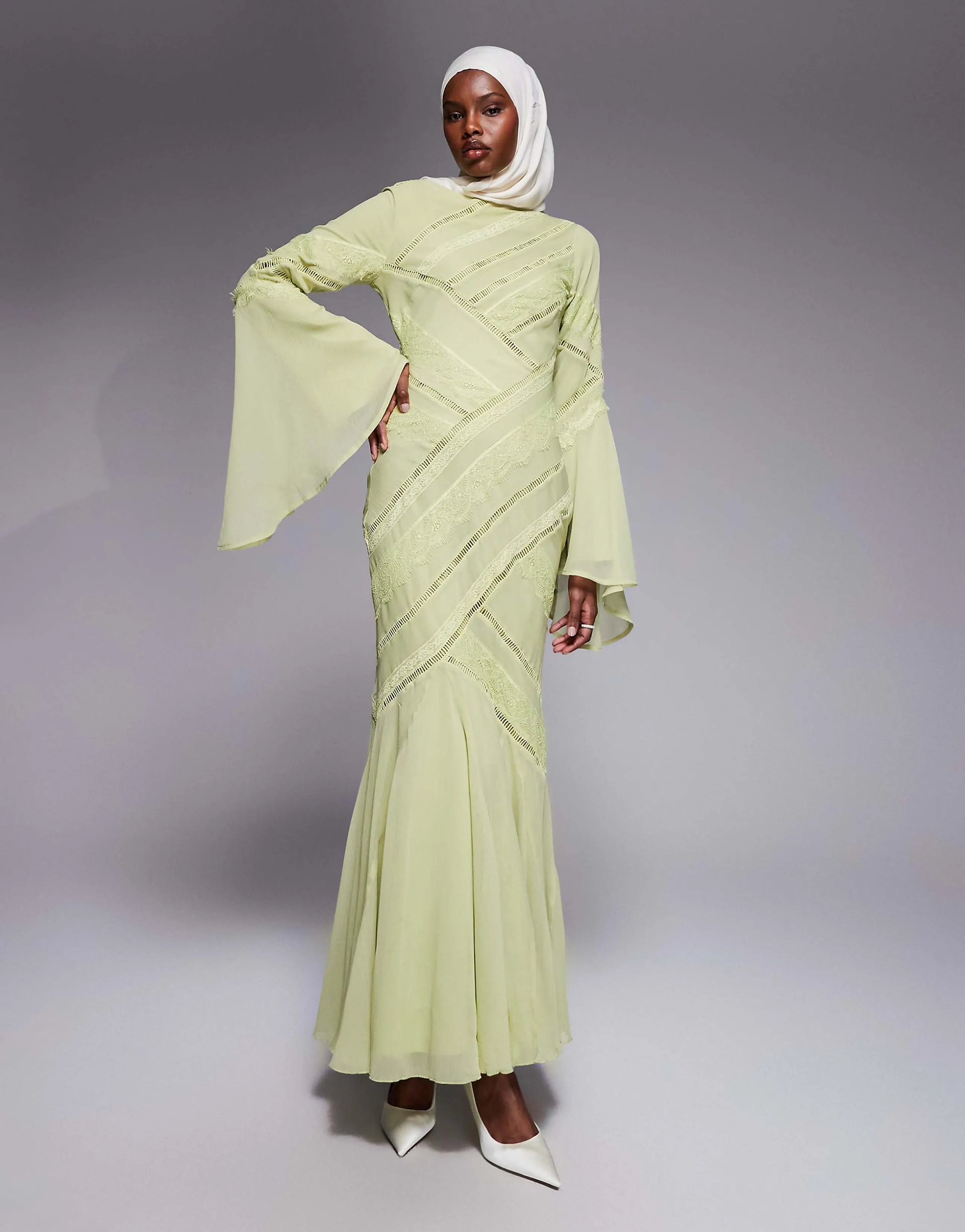 ASOS DESIGN lace panel long sleeved maxi dress in pistachio