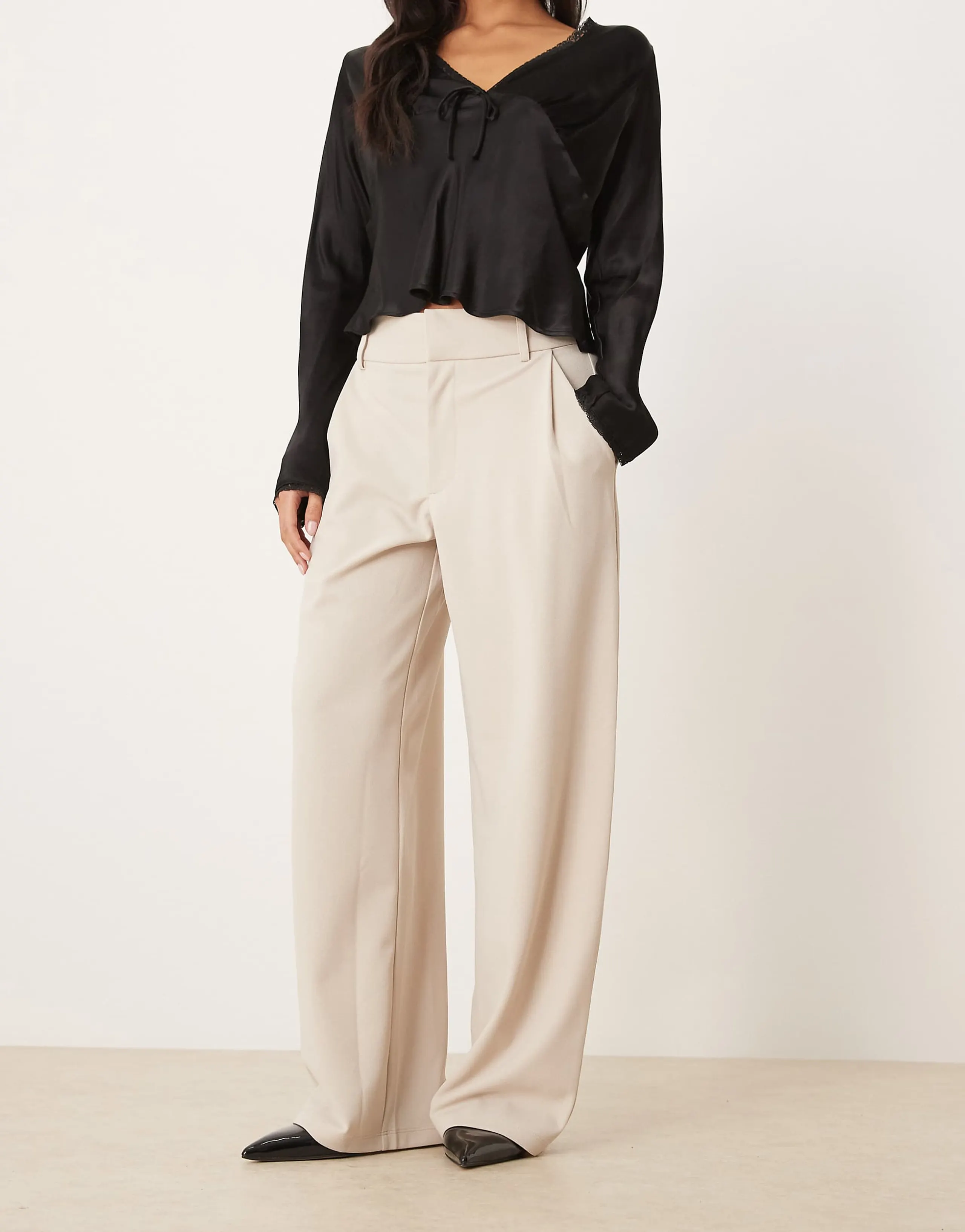 JDY Petite wide leg tailored pants in stone