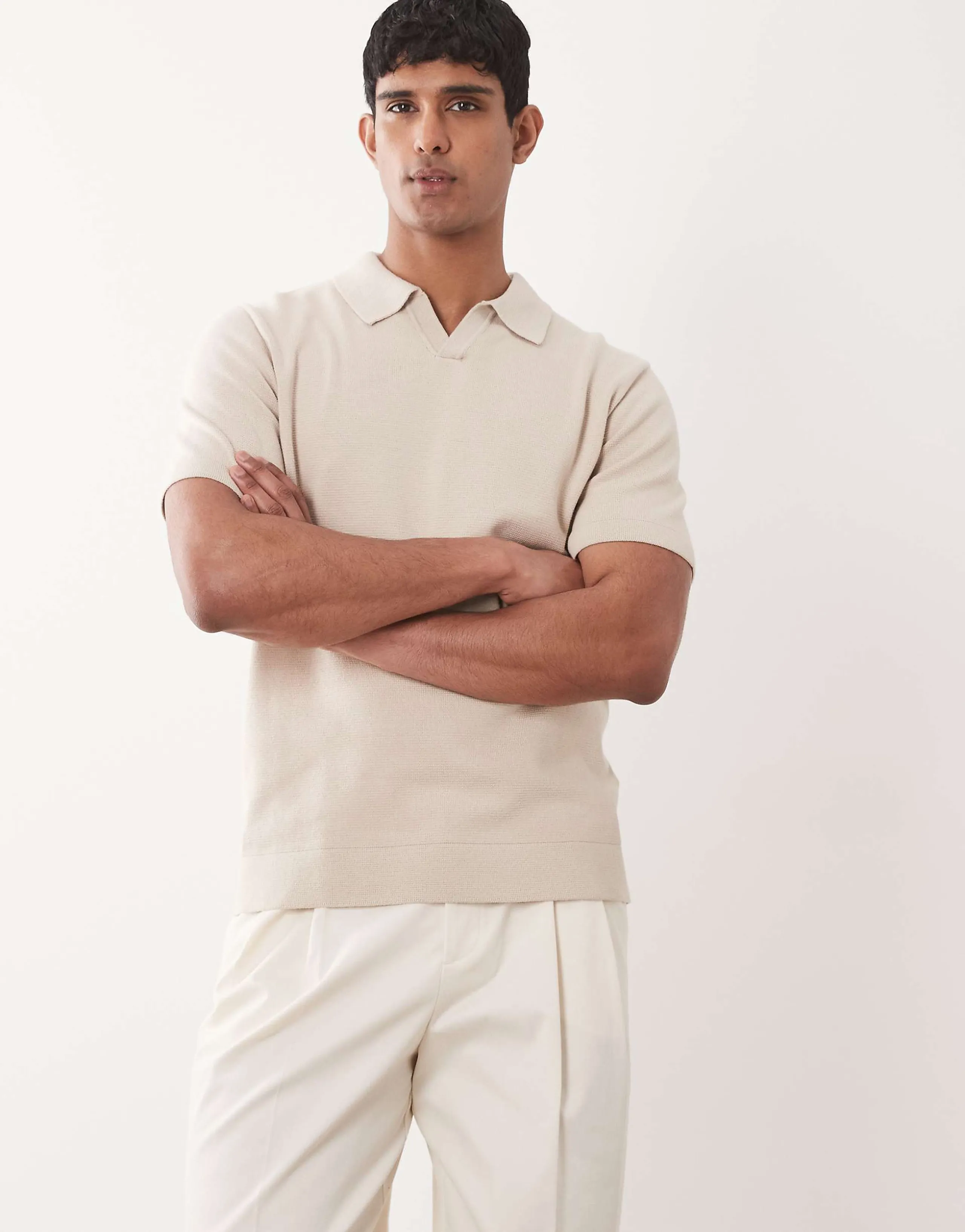 Jack & Jones Premium split neck knit polo top in beige