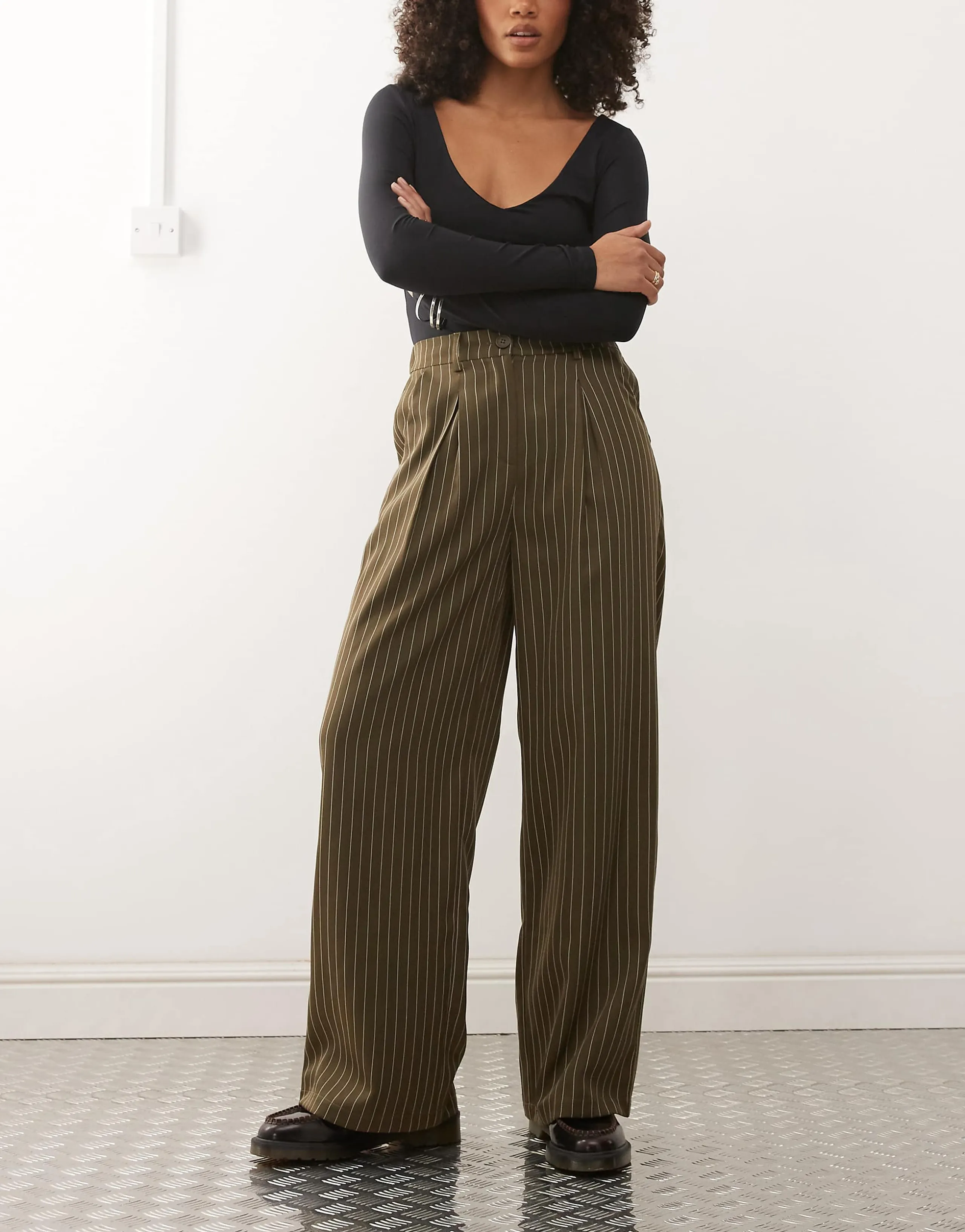 Reclaimed Vintage tailored baggy pants in khaki-green stripes 