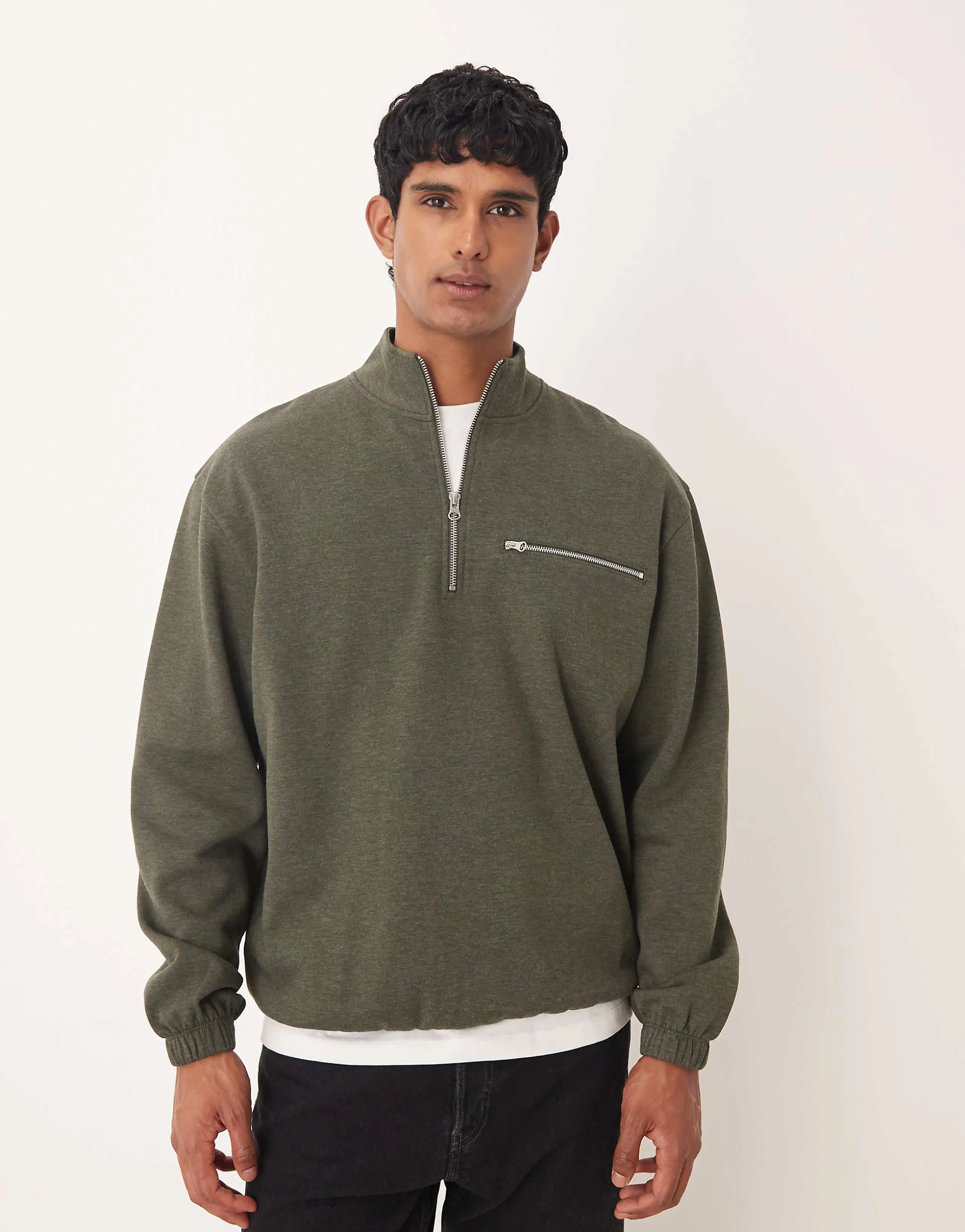 ASOS DESIGN relaxed quarter zip sweatshirt with pocket in green heather