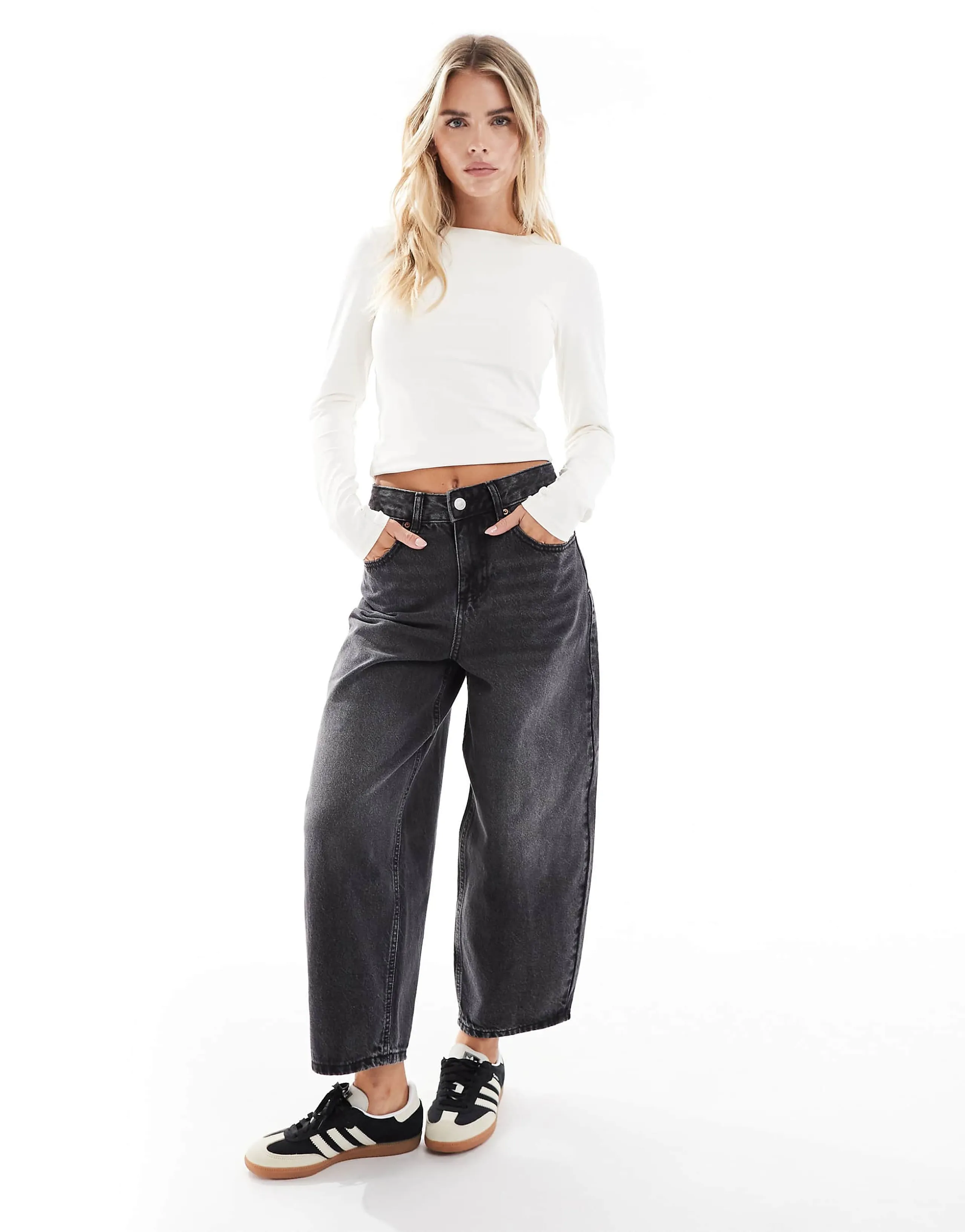Vero Moda Petite Billie high rise barrel leg jeans in black wash