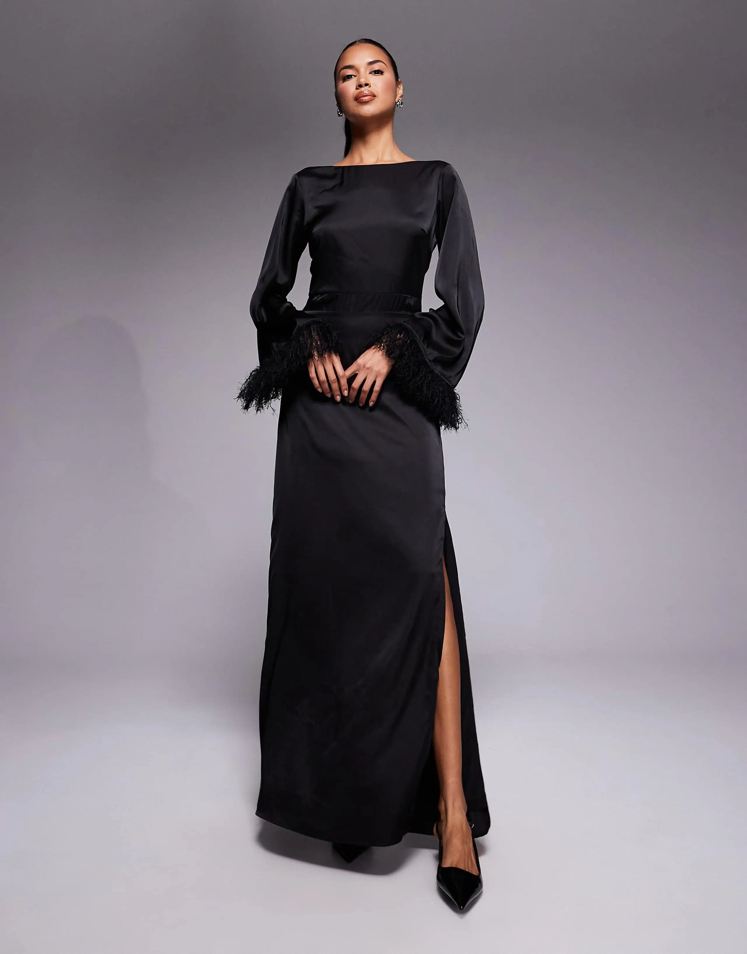Tfnc long sleeve maxi dress with faux feather cuffs in black