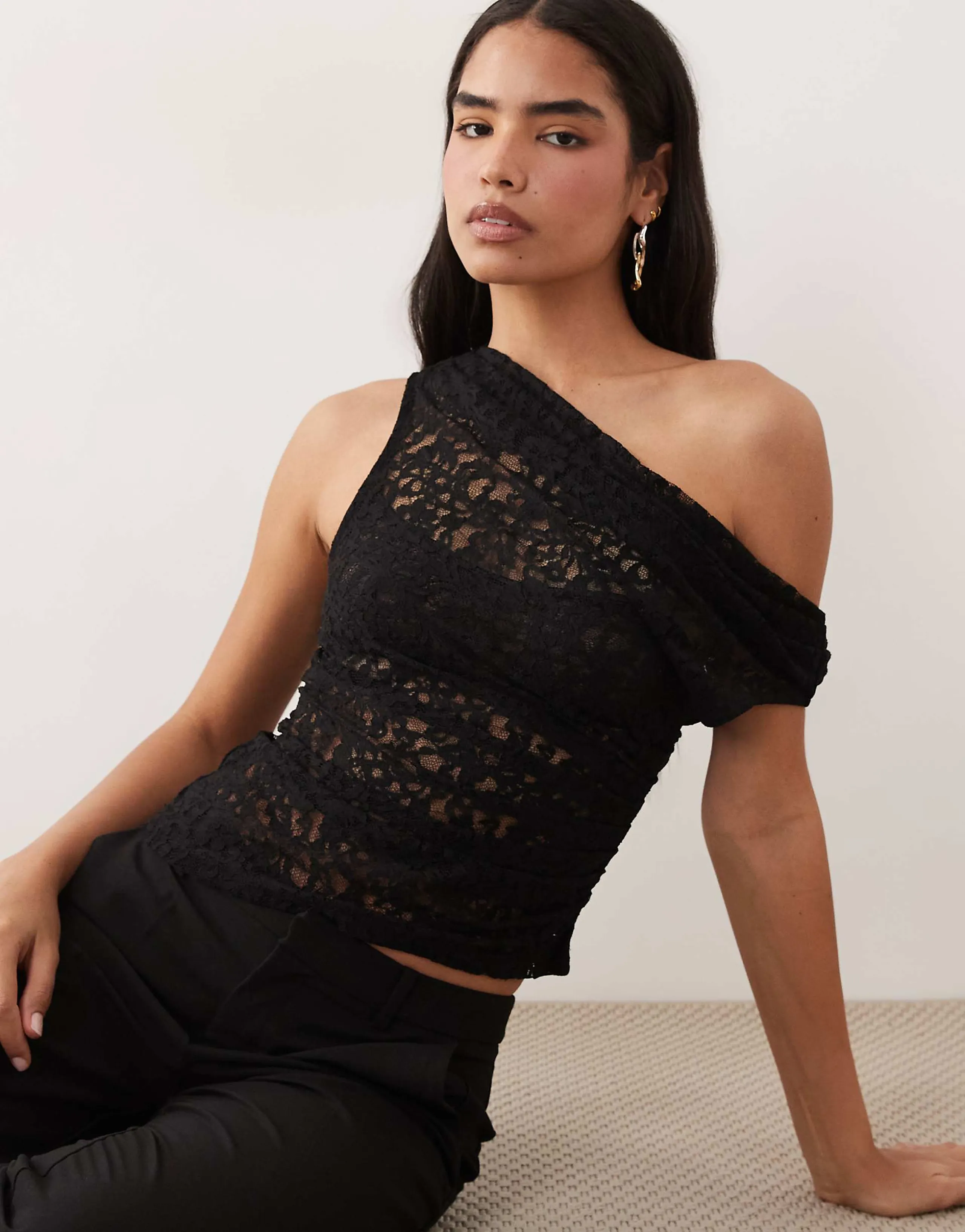 ASOS DESIGN sheer lace ruched asymmetric top in black