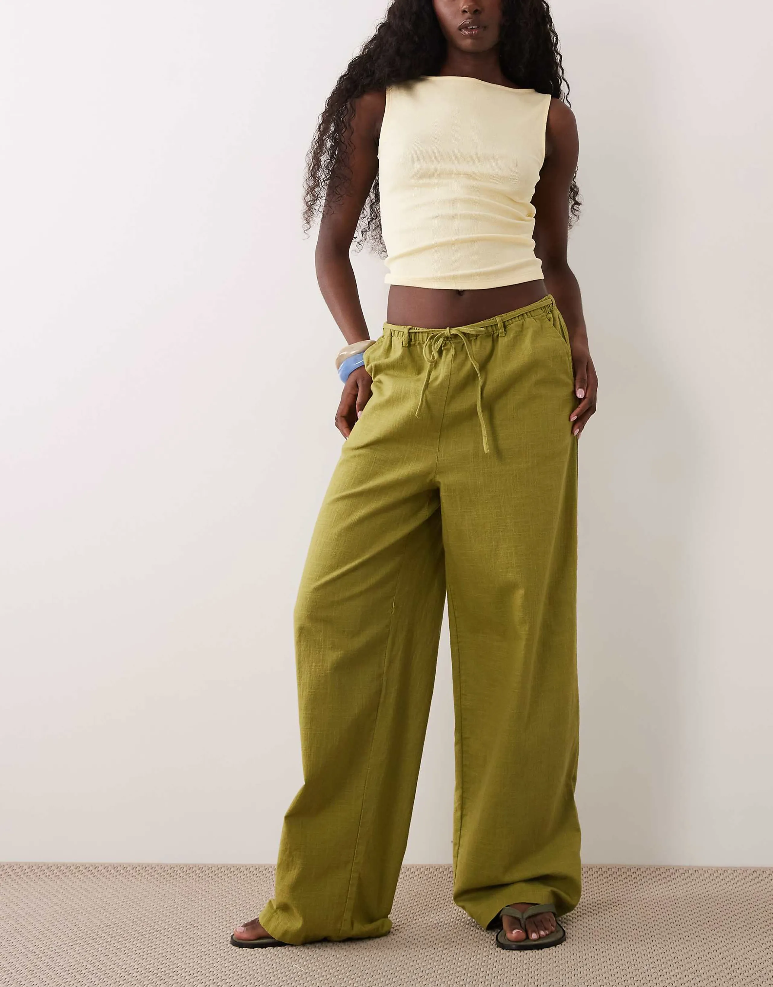 ASOS DESIGN linen look pull on pants in olive