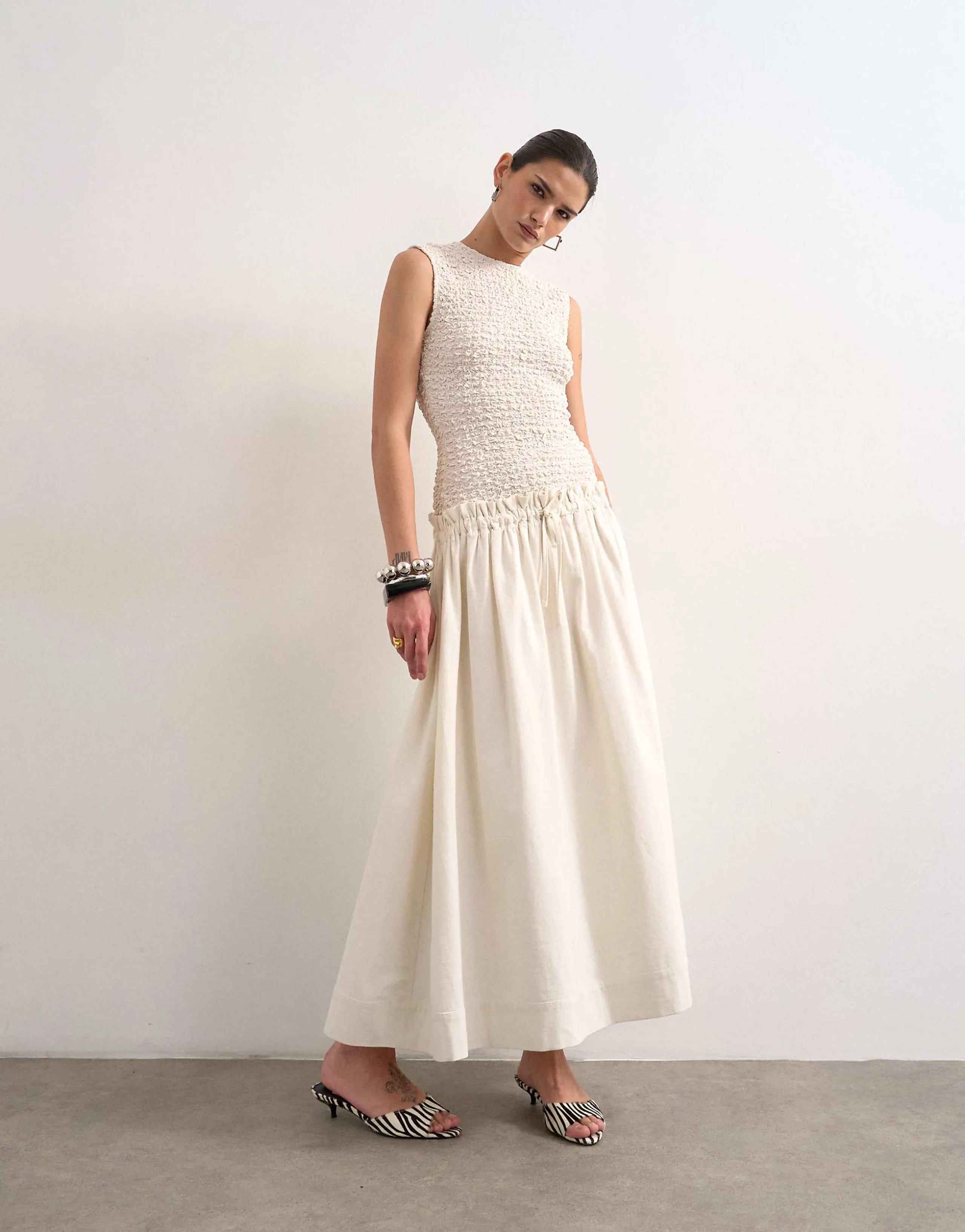 Topshop dropped waist heavy cotton maxi dress in white