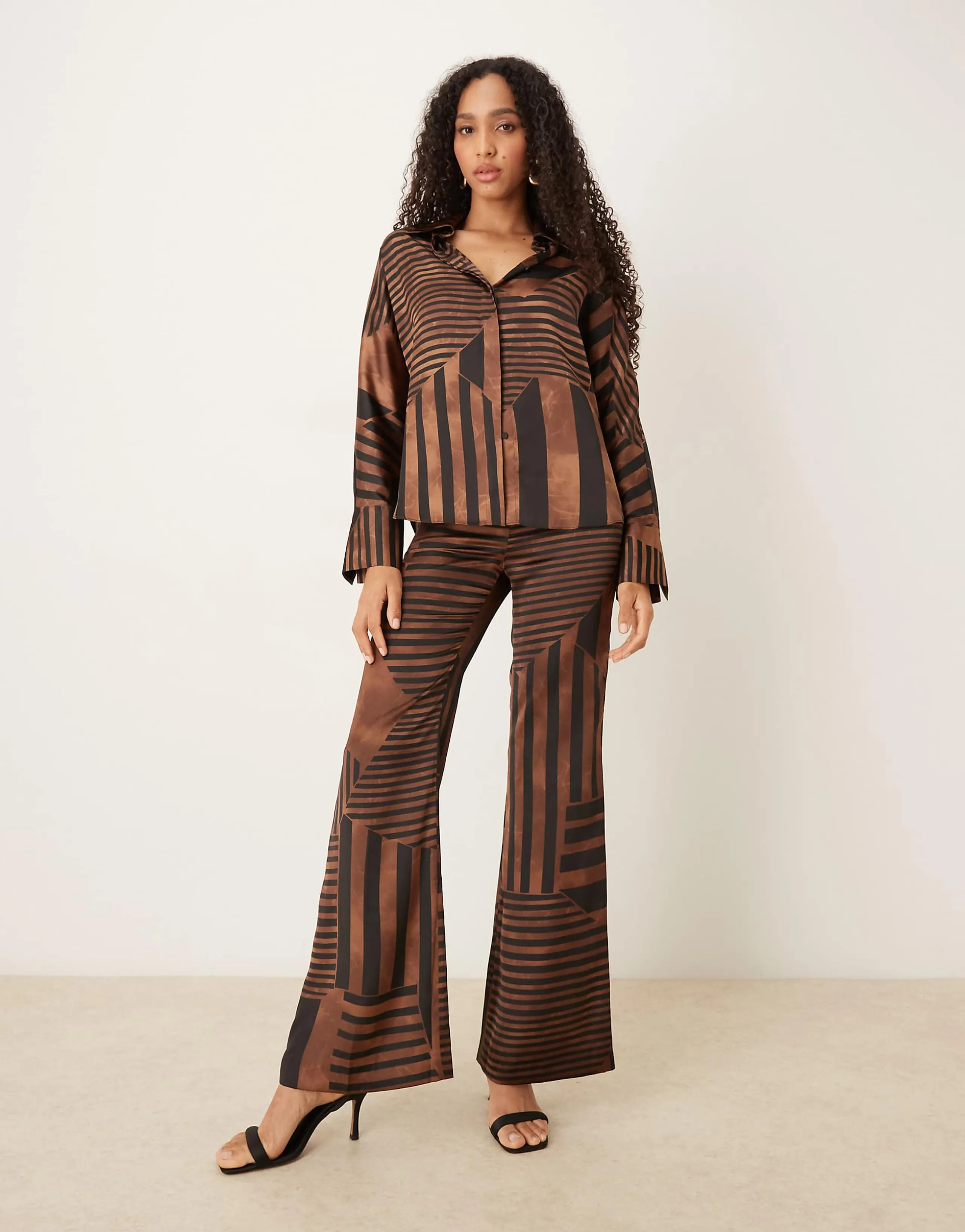Mango satin flared pants in brown geometric print - part of a set