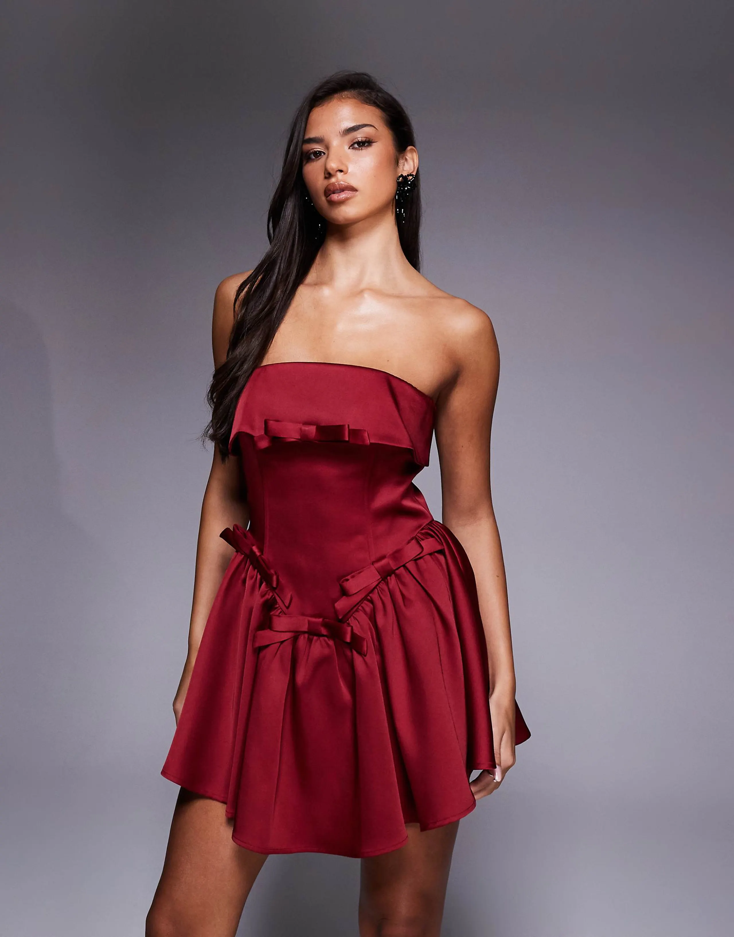 ASOS LUXE structured satin bandeau mini dress with bow detail in dark red