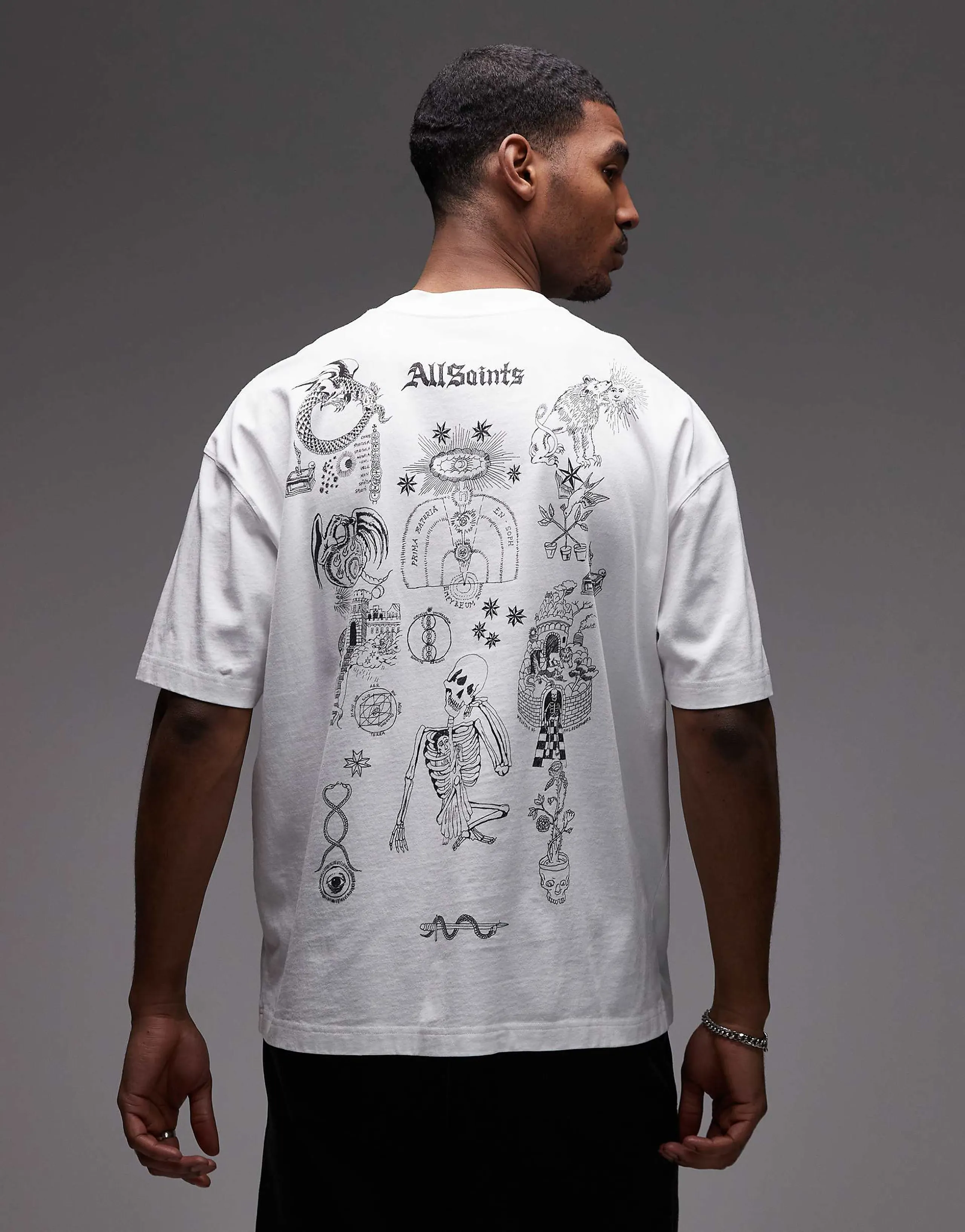 AllSaints Terra graphic logo t-shirt with back print in white