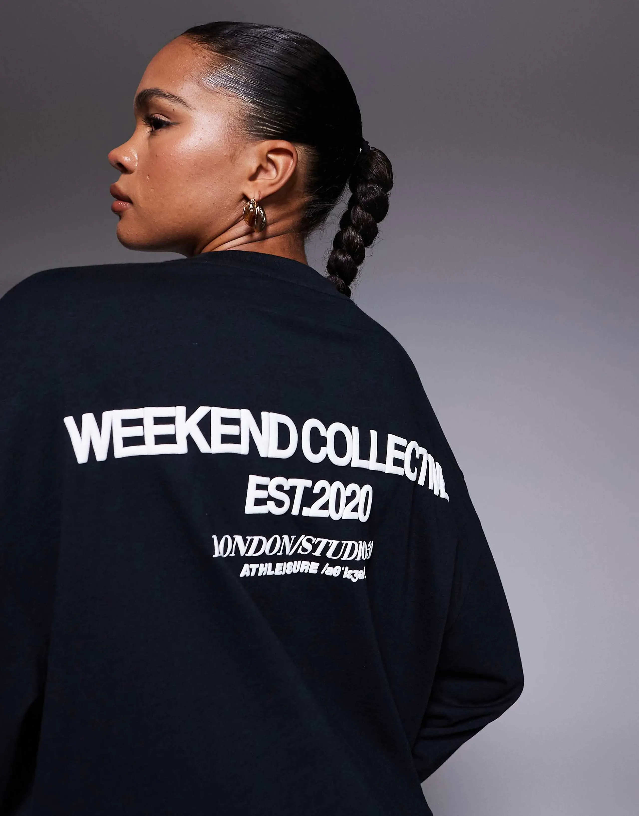 Weekend Collective Icon oversized long sleeve T-shirt with bold font back graphic in black