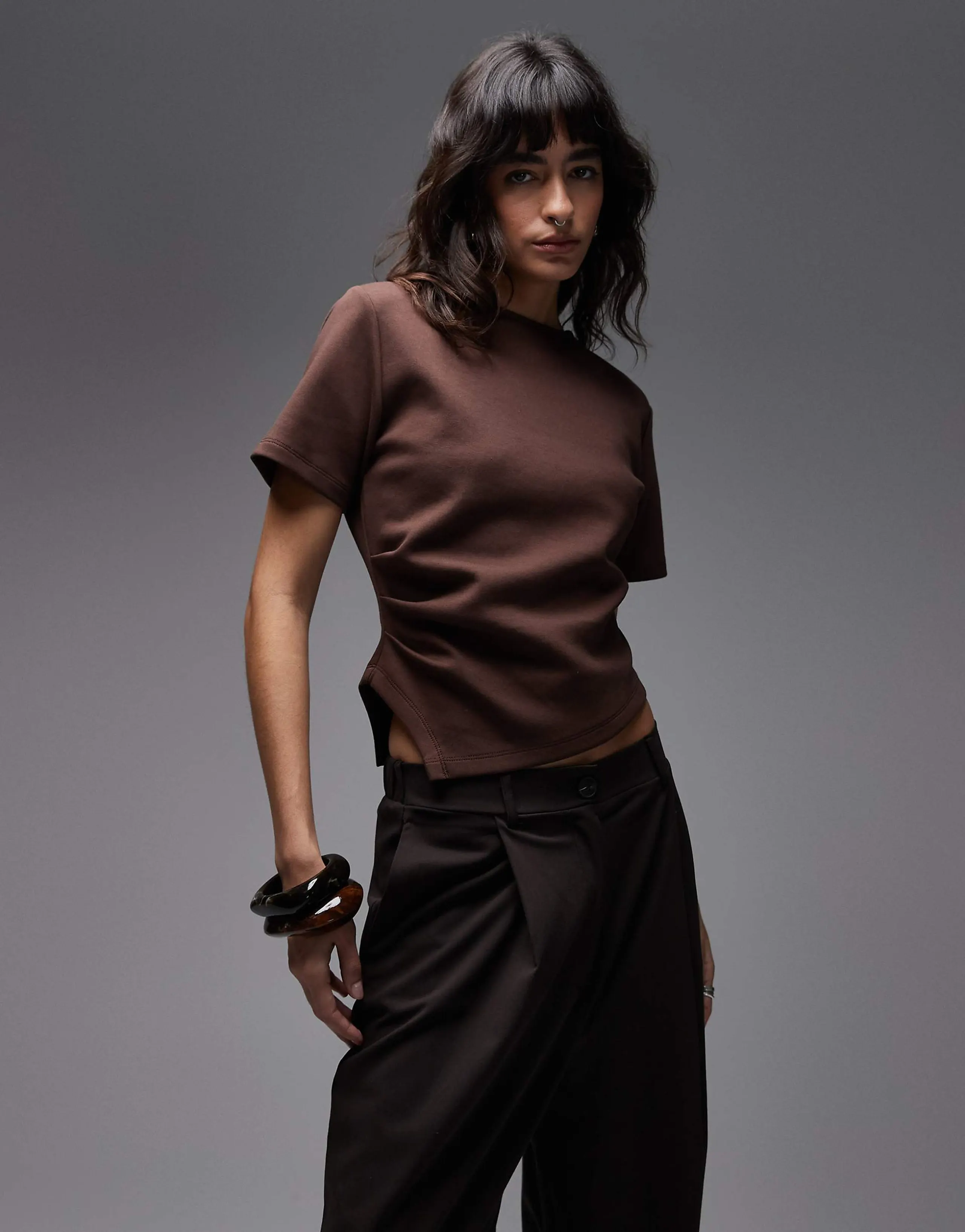 ASOS DESIGN asymmetric drape tee in brown
