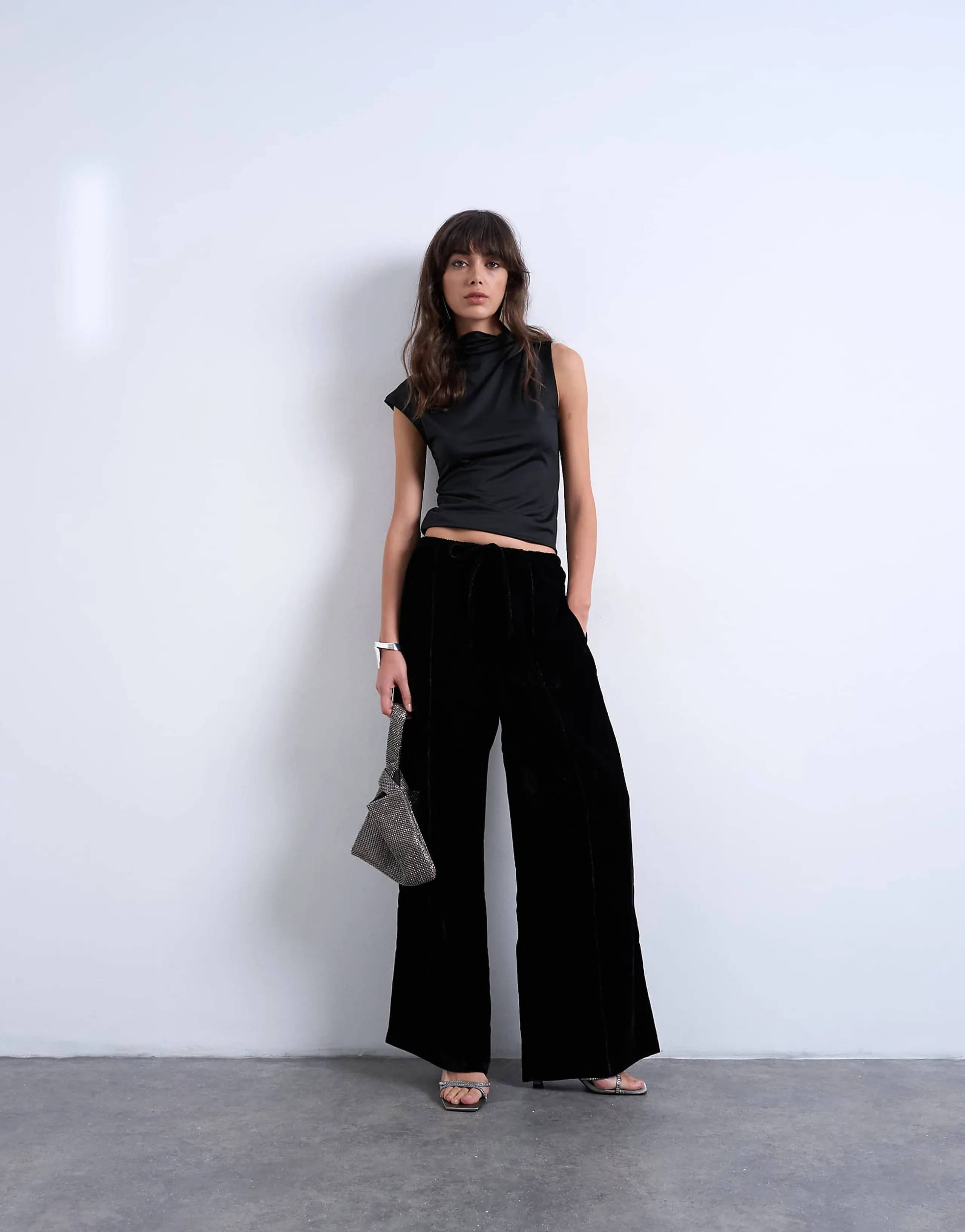 Topshop velvet mid rise tie waist wide leg sweatpants in black