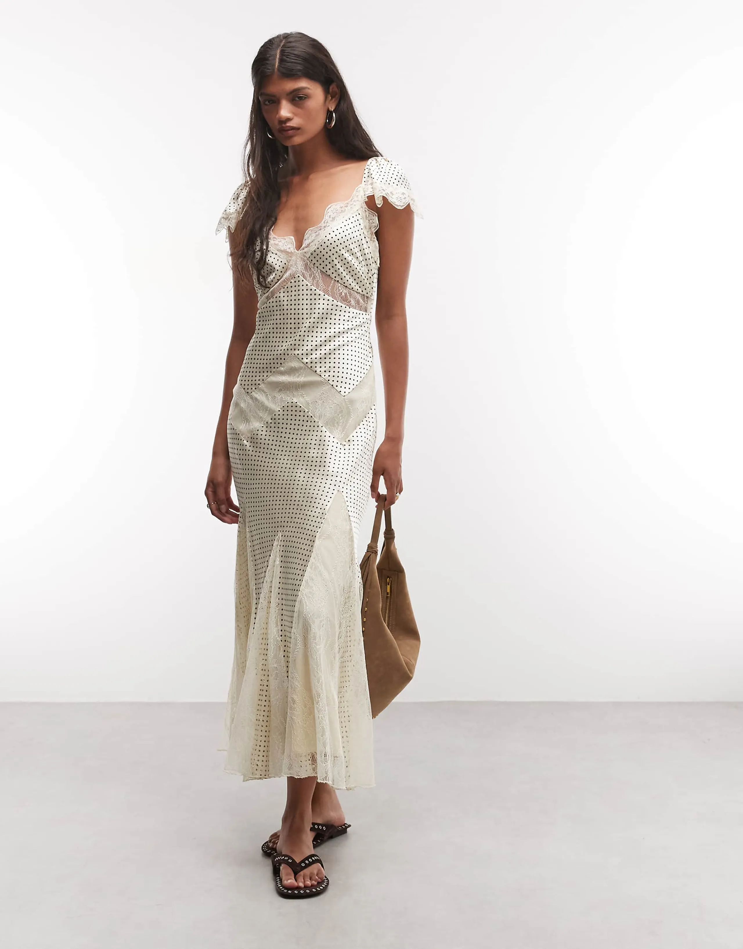 Reclaimed Vintage maxi tea dress with lace inserts in polka dot
