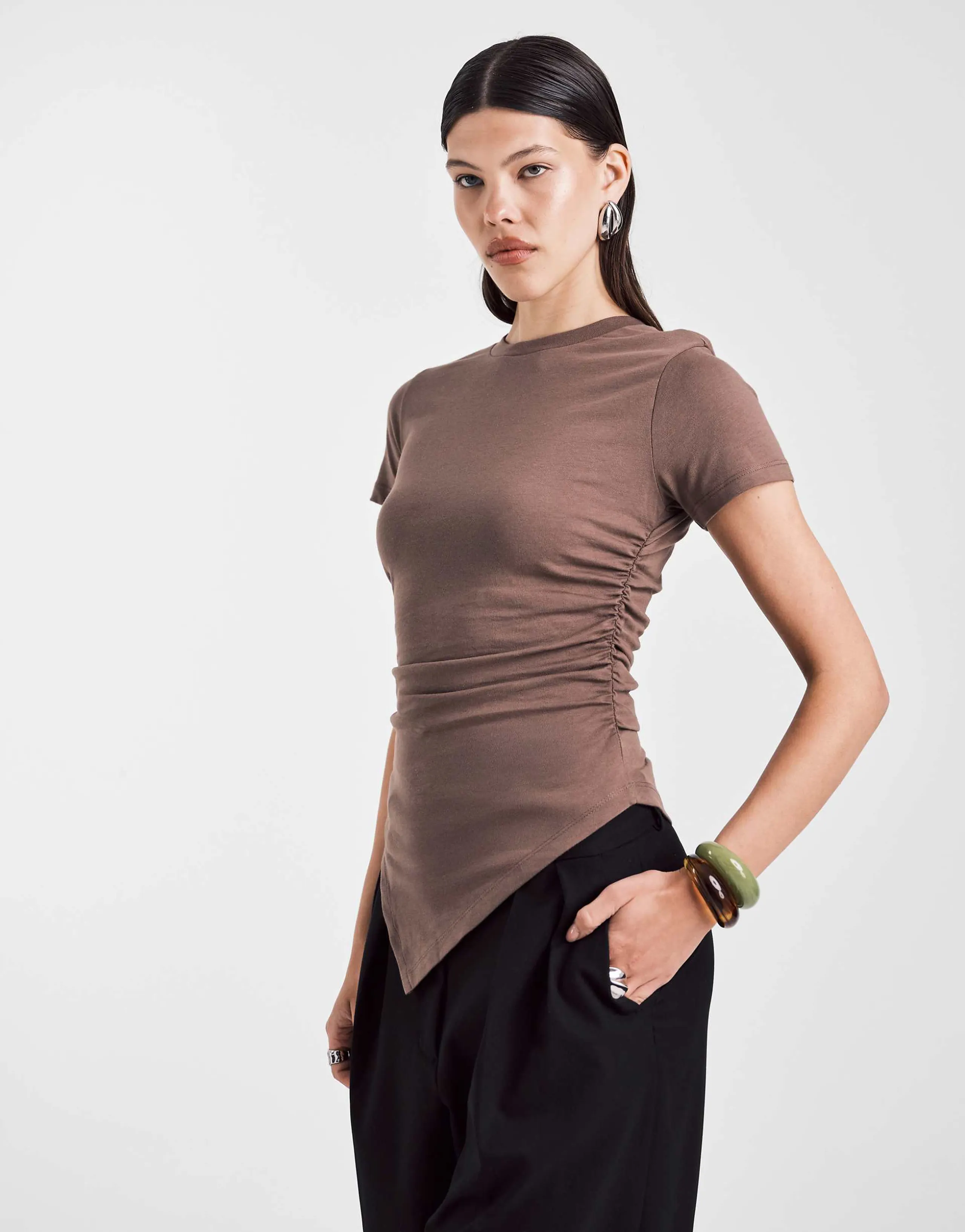 ASOS DESIGN ruched sides asymmetric t-shirt in chocolate