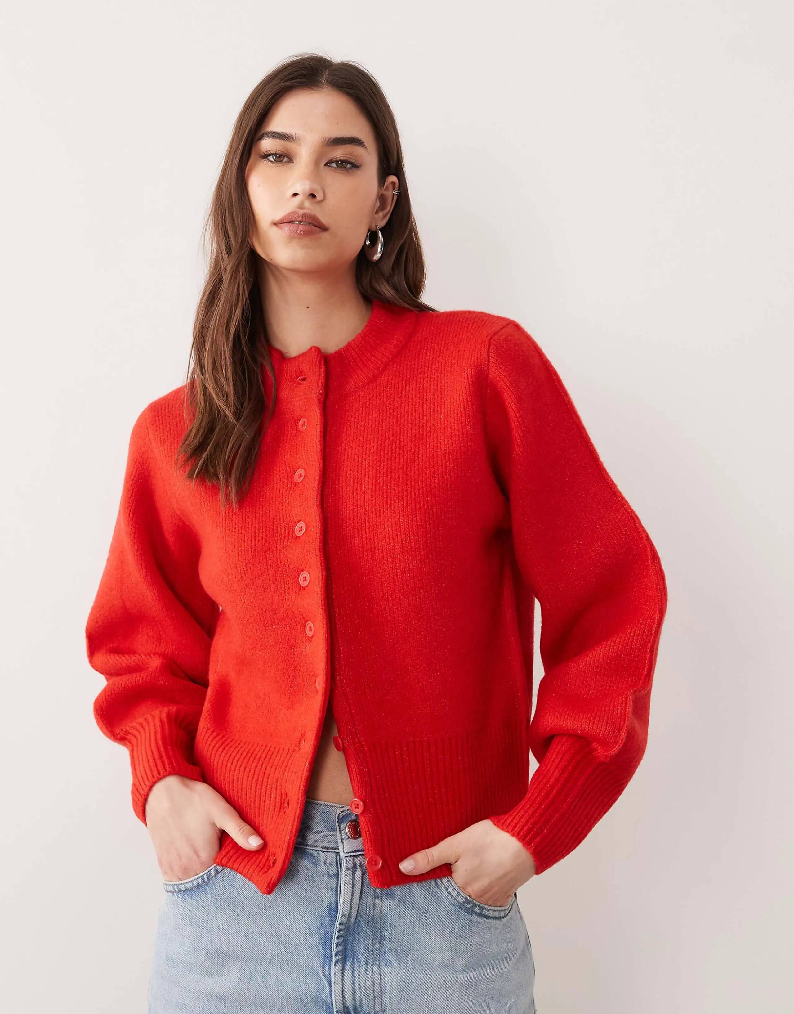ASOS DESIGN compact fluffy cardigan with structured sleeve in red