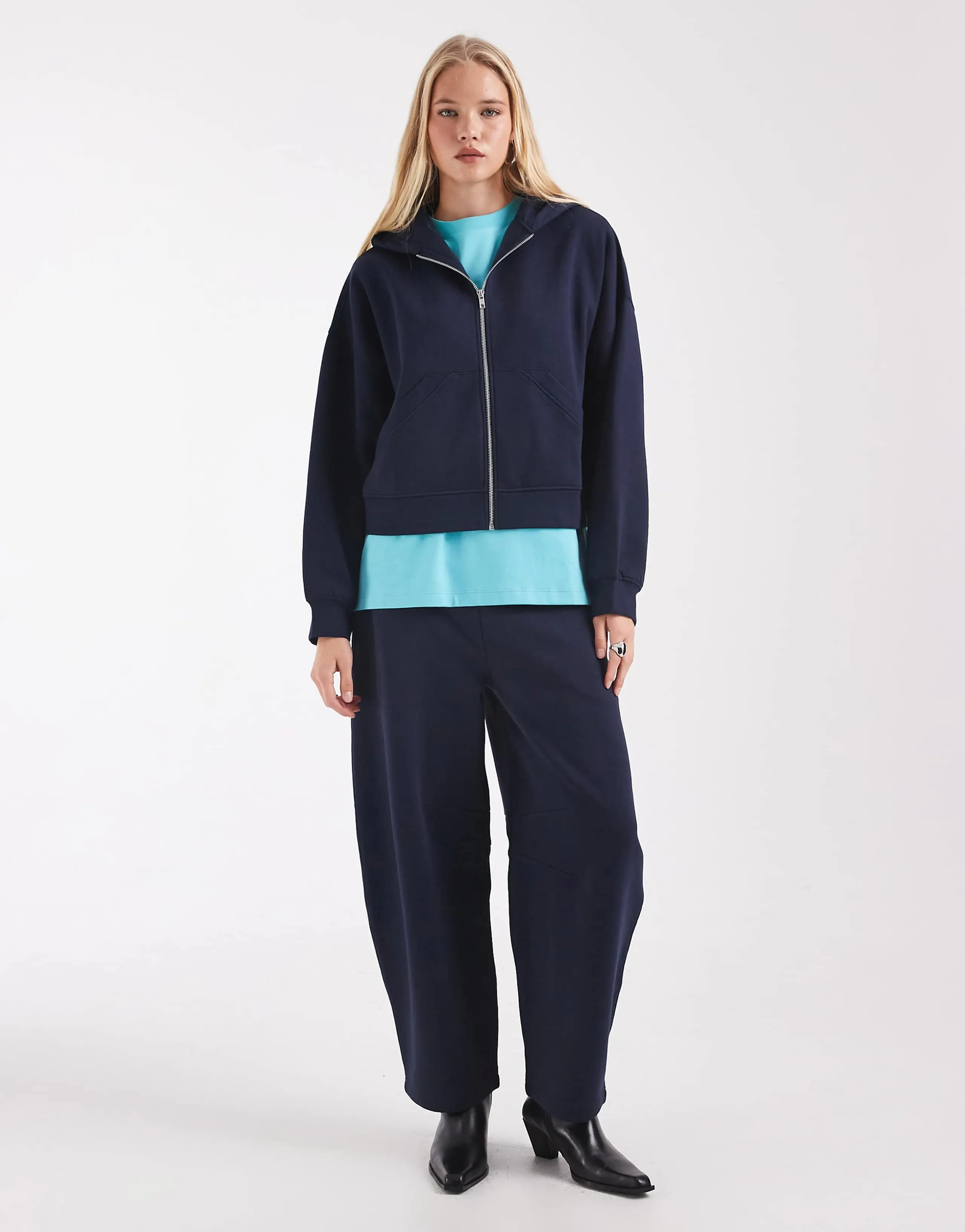ASOS DESIGN barrel leg brushback sweatpants in navy