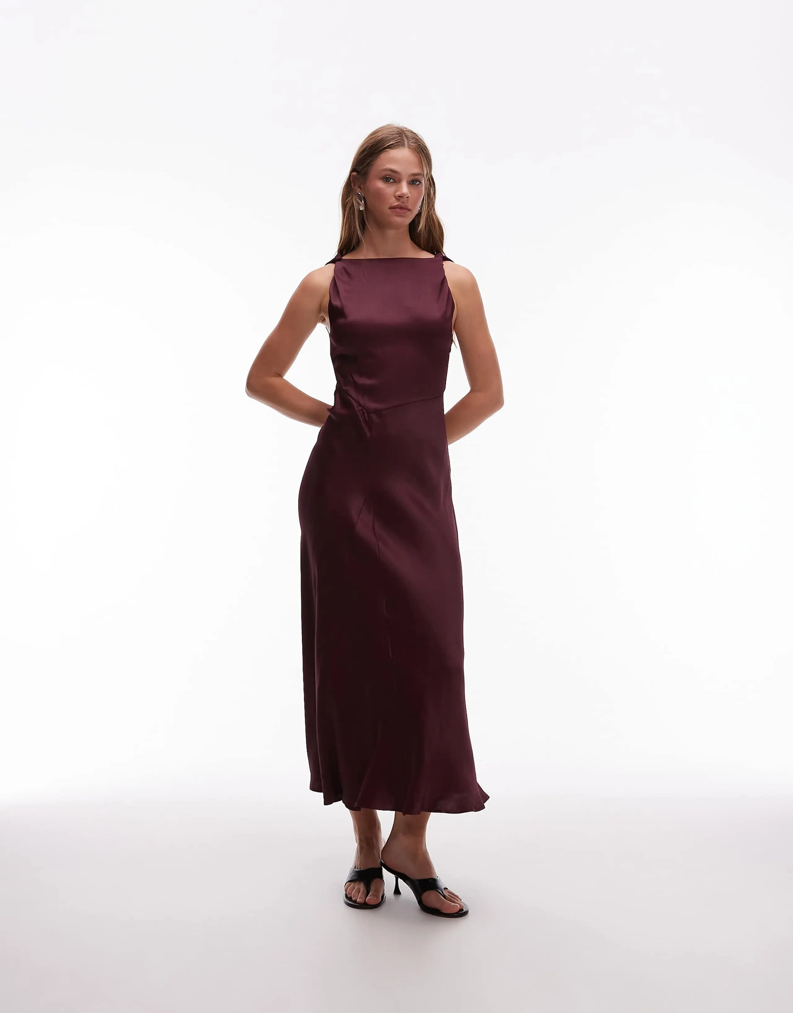 & Other Stories satin crepe midi dress with drape neck in burgundy wine
