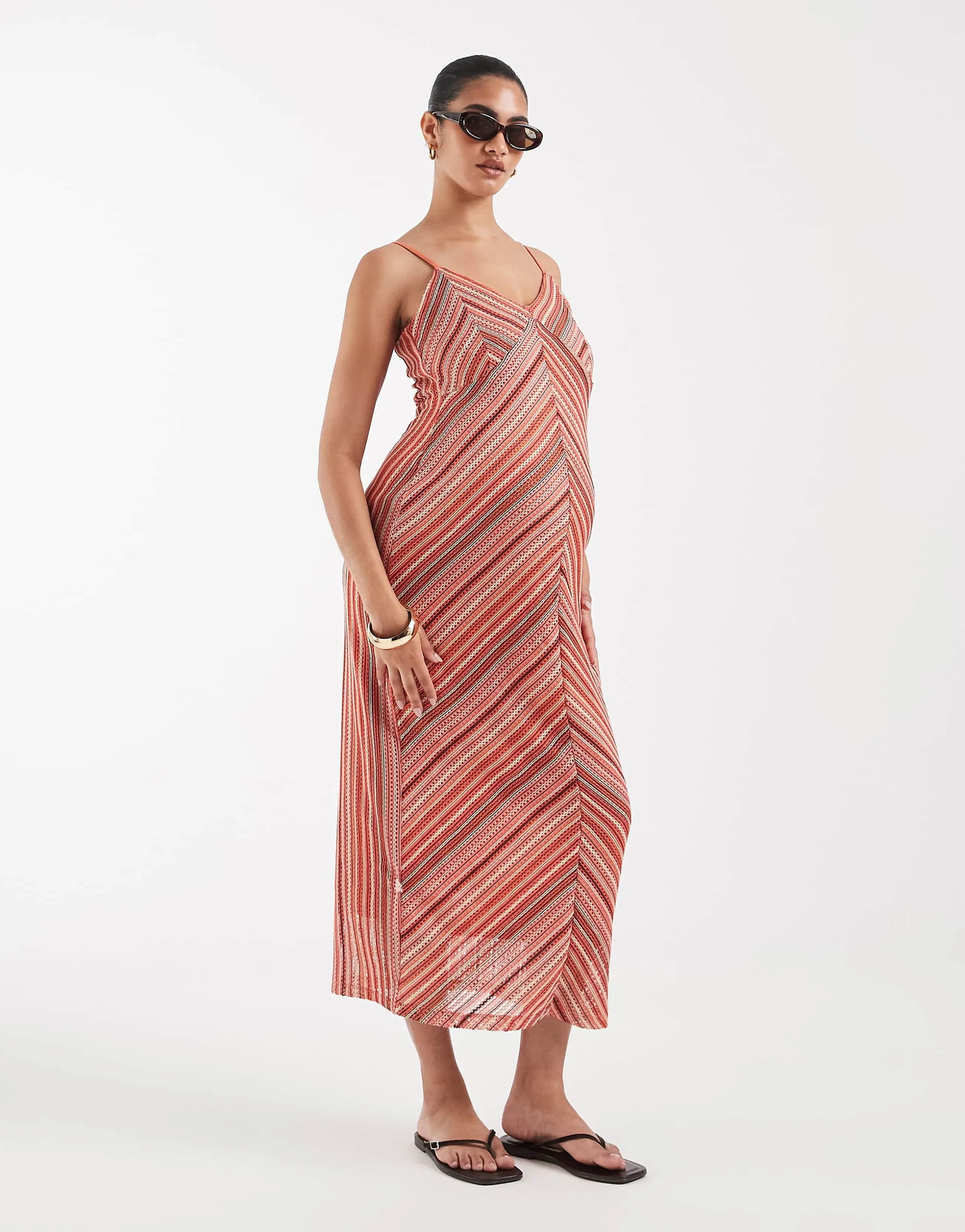 Vero Moda Maternity chevron knit crochet cami midi dress in pink