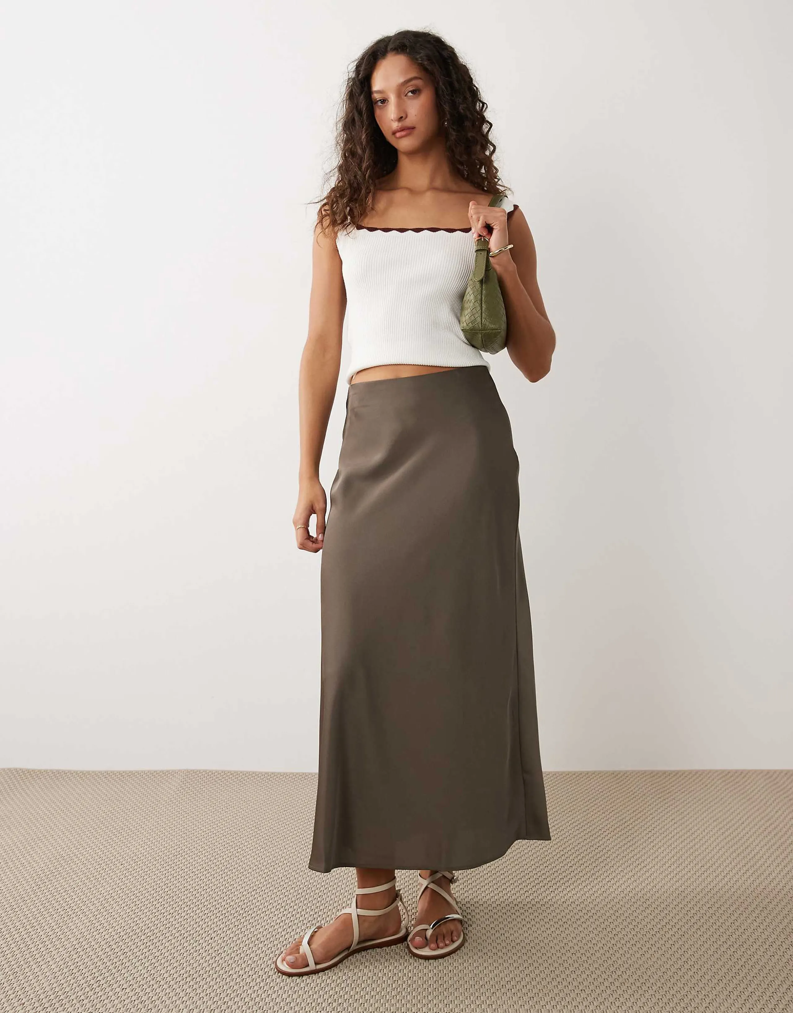 VILA satin maxi skirt in falcon
