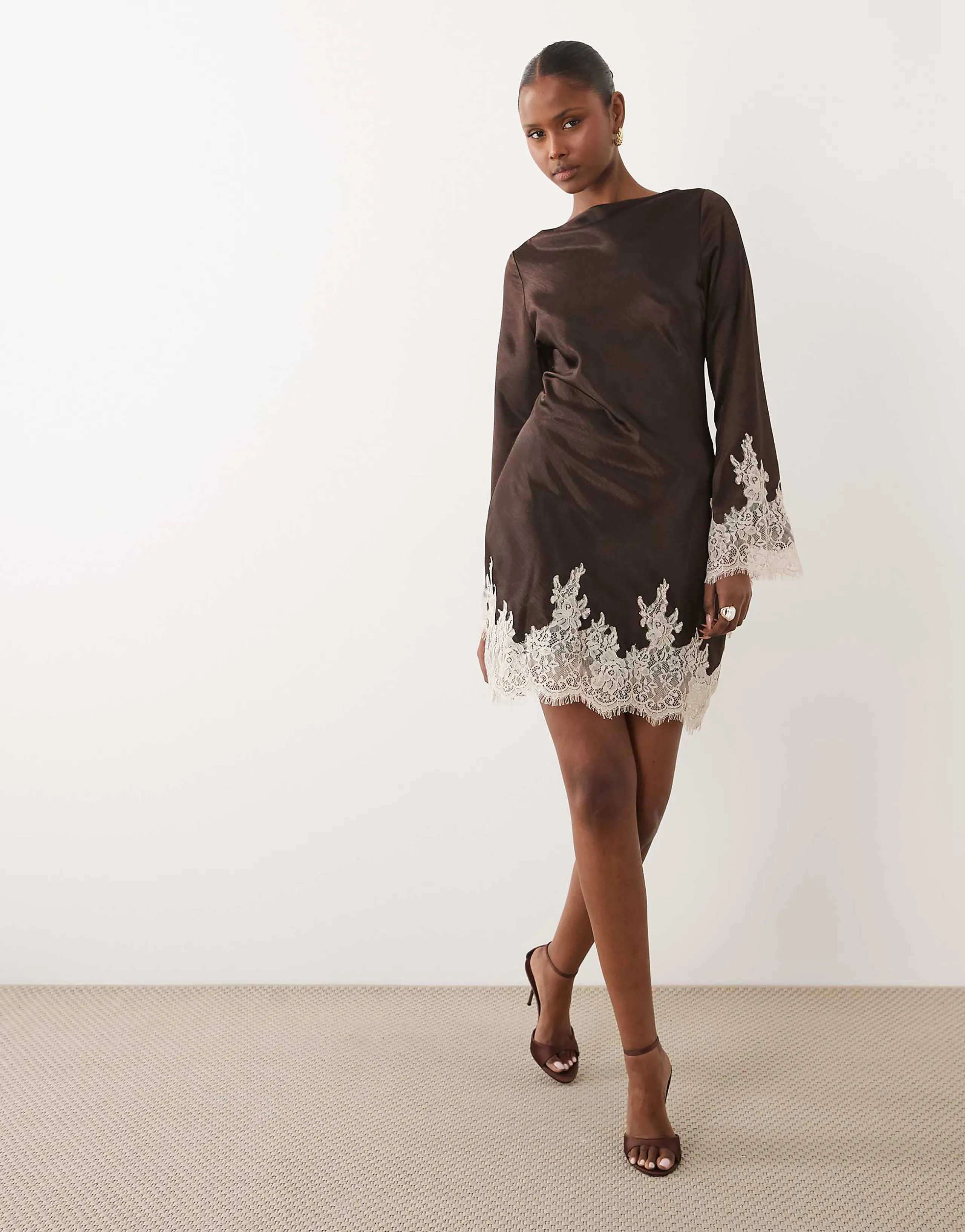 TFNC satin slash neck long sleeve lace detail mini dress in chocolate