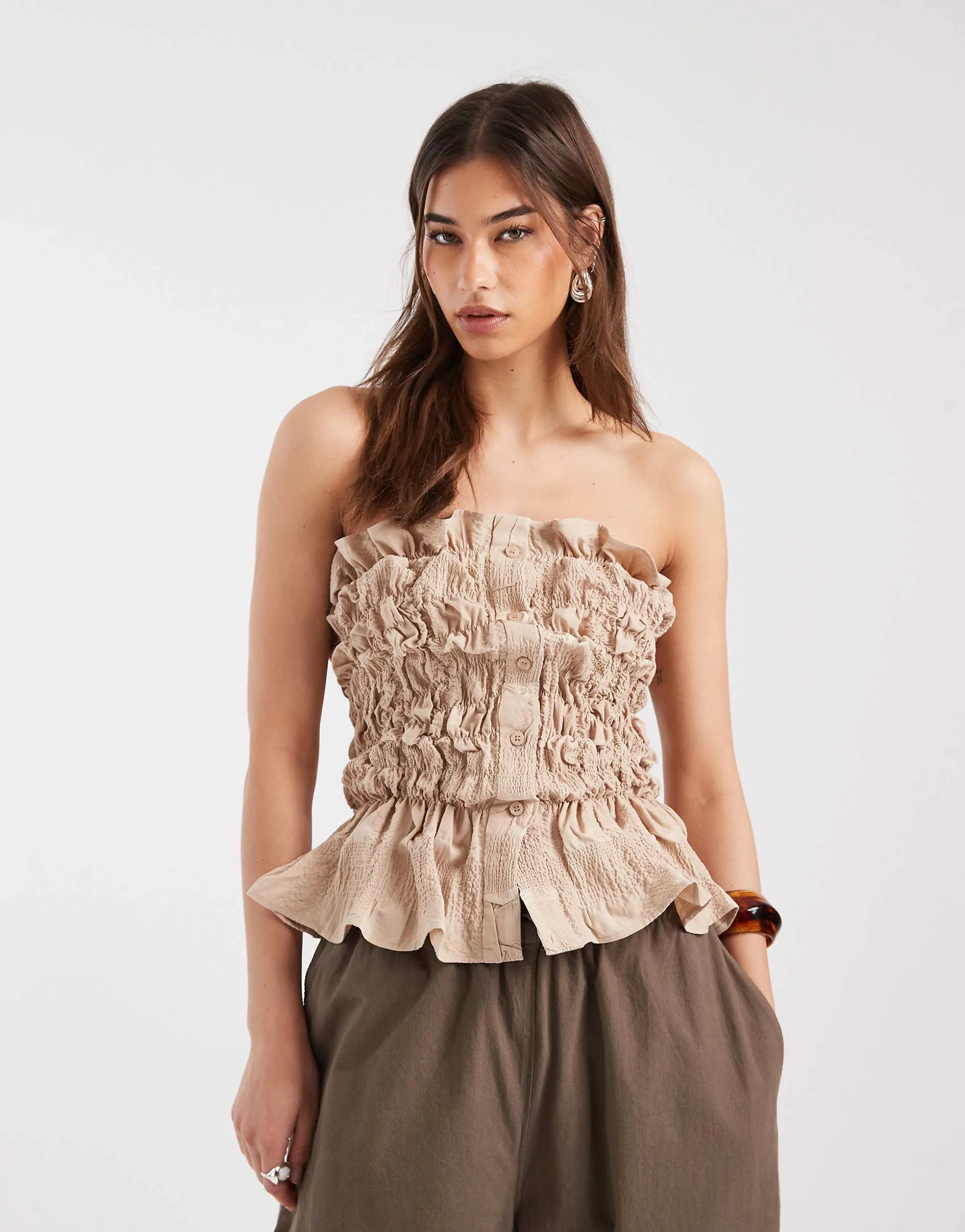 Laagam susan strapless ruched ruffle top in sand