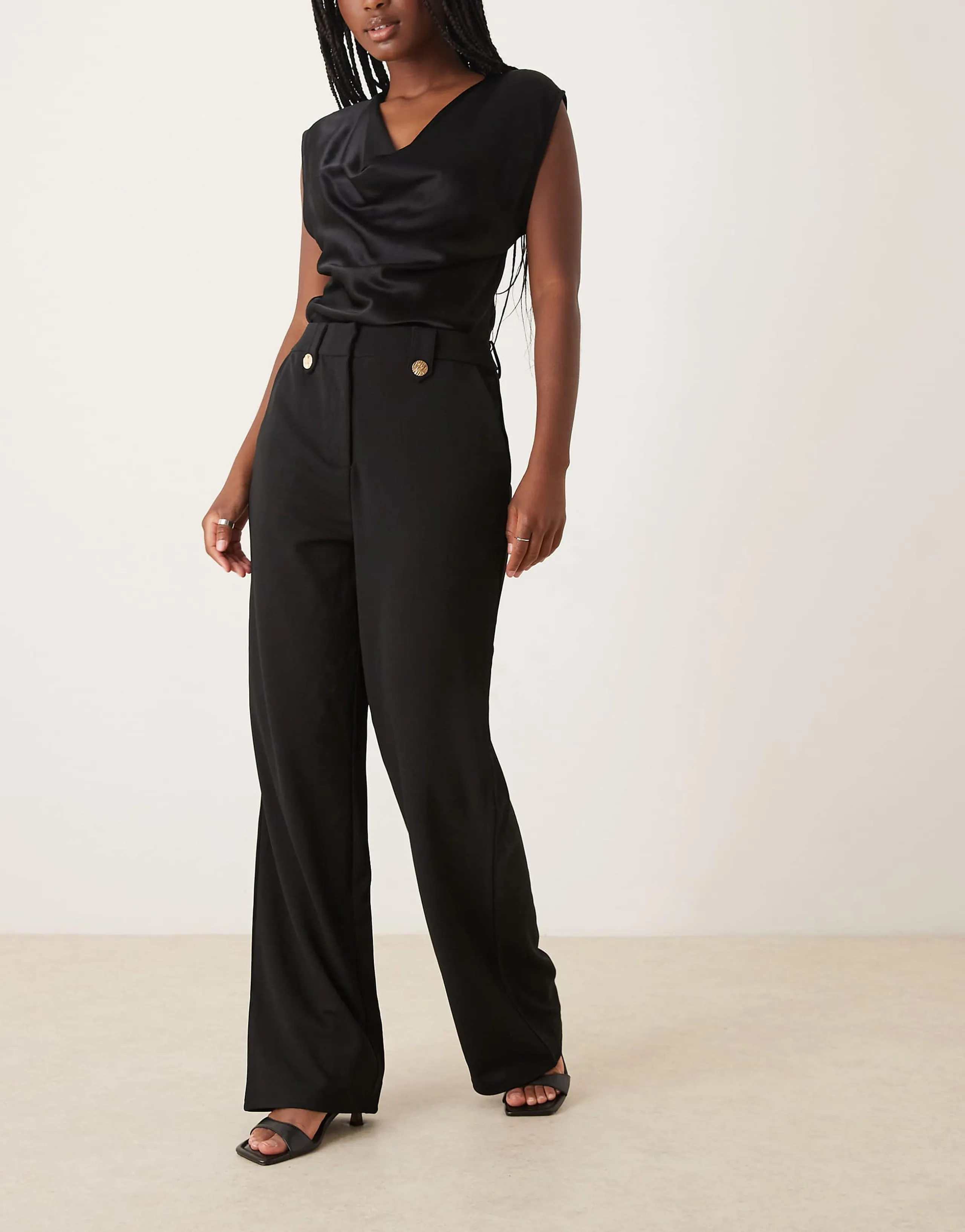 Vila high waisted button detail pants in black