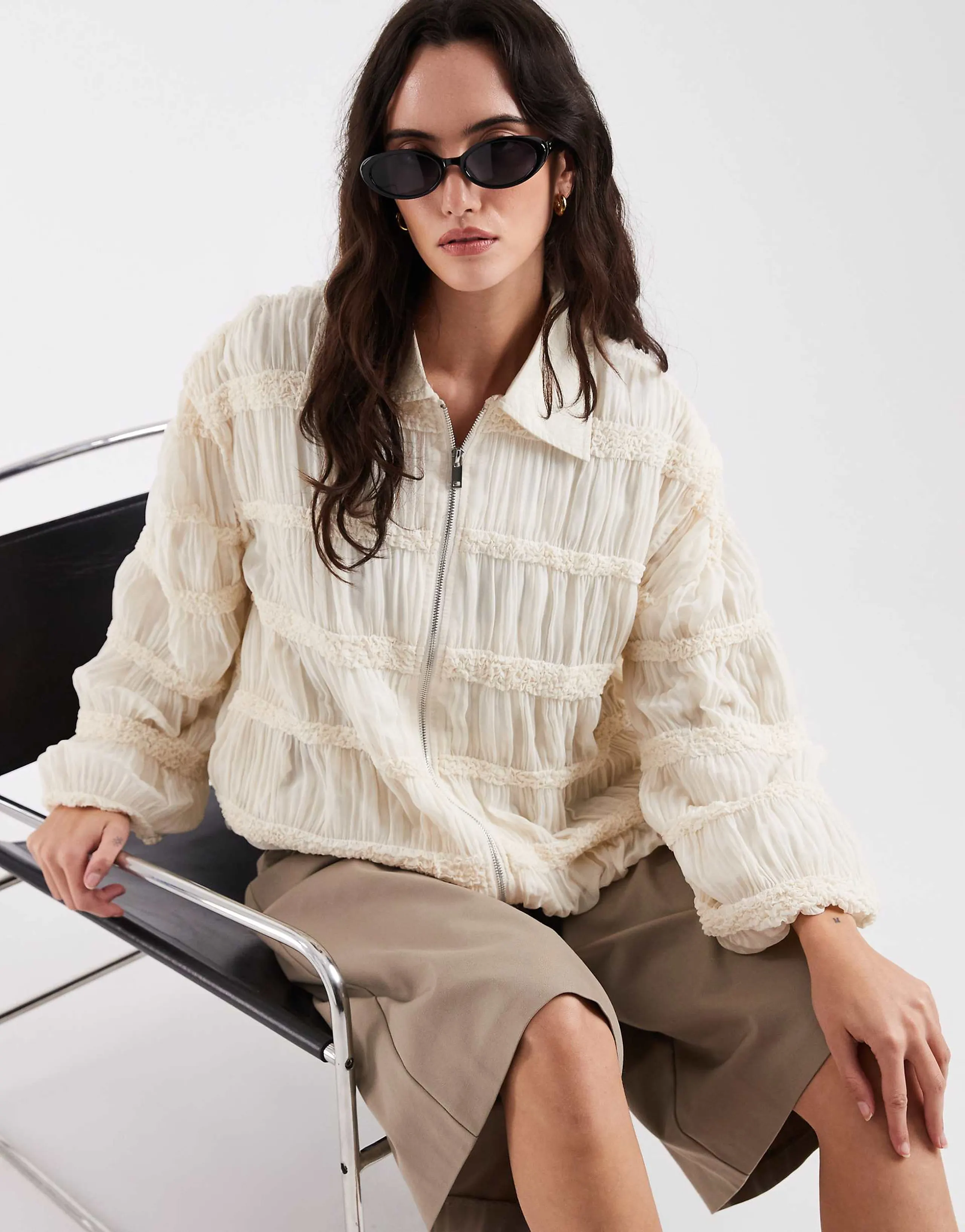 Laagam Kiara textured bomber jacket in ecru